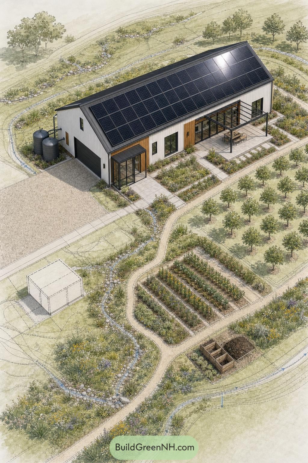 Solar-roofed barn home with swales orchard beds and vegetable garden