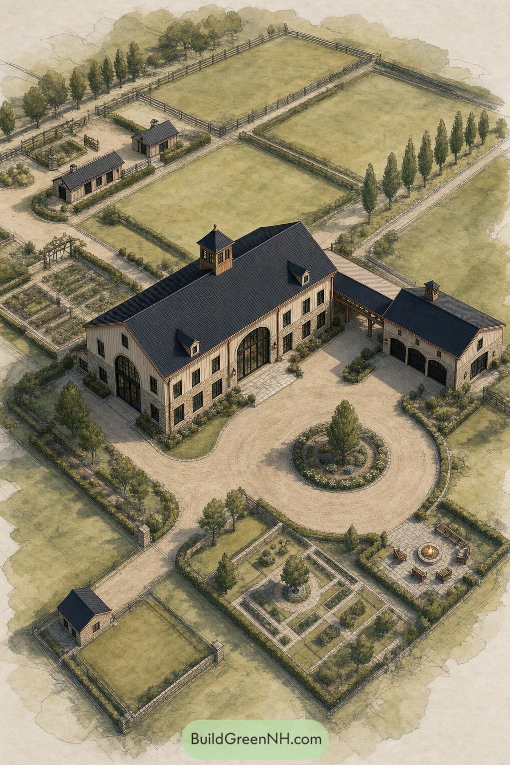 Aerial view of a barnstead with paddocks gardens and circular drive