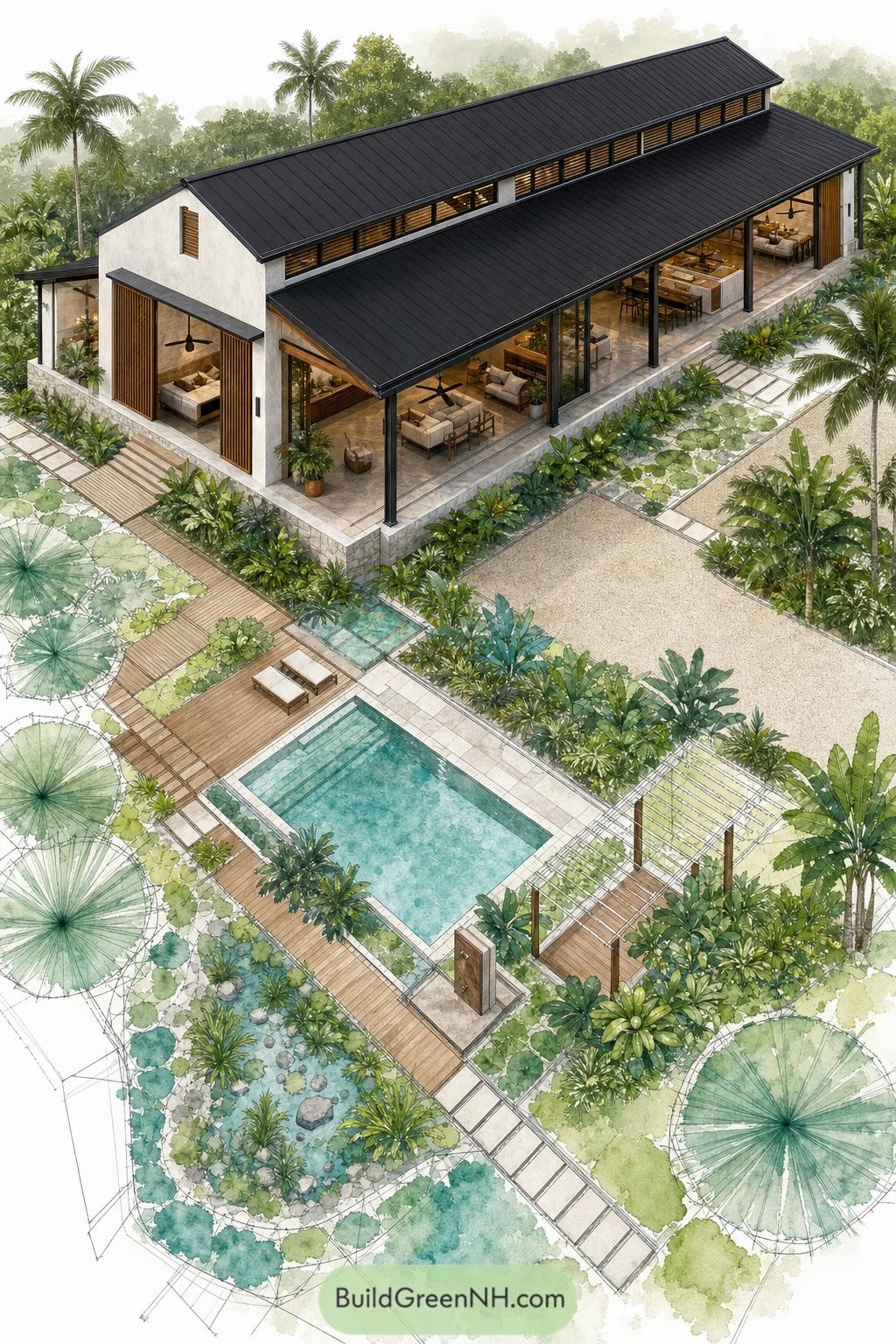 Tropical barndominium with pool pond and pergola garden