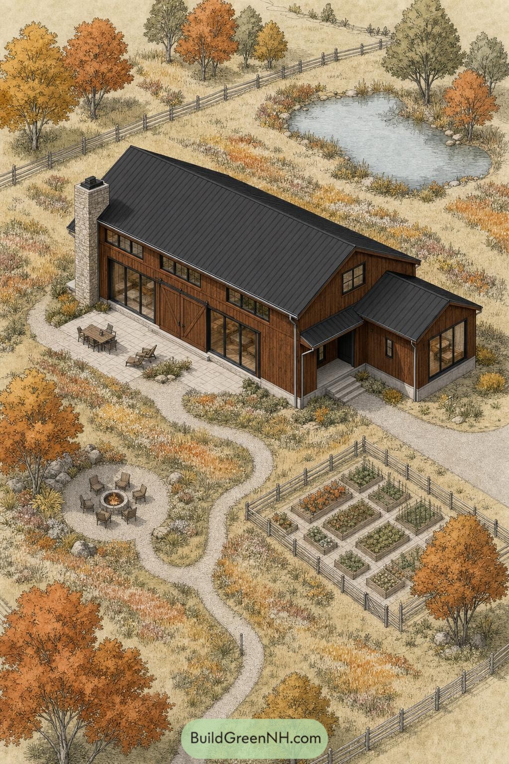 Wood clad barndominium beside a pond garden and fire circle