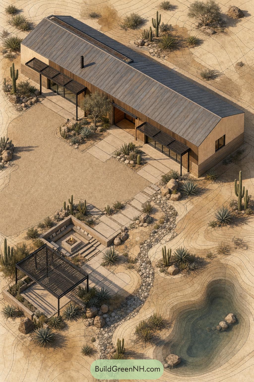 Modern barndominium with desert garden and firepit patio