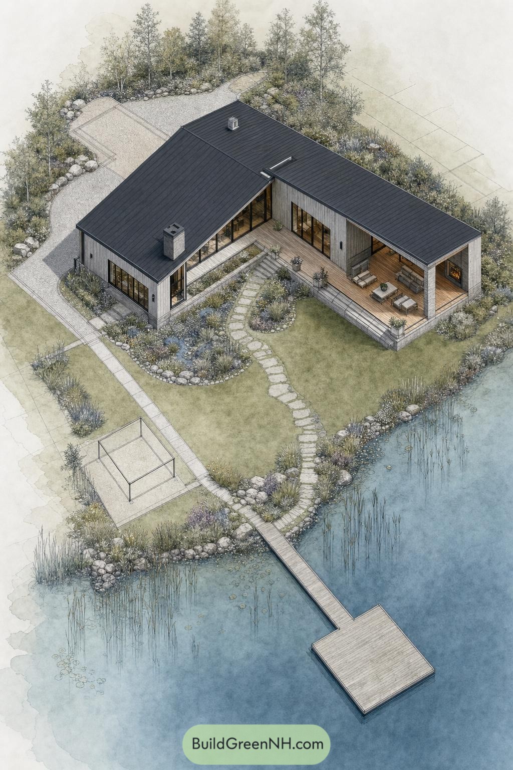 L-shaped barndominium beside a planted lakeshore and private dock