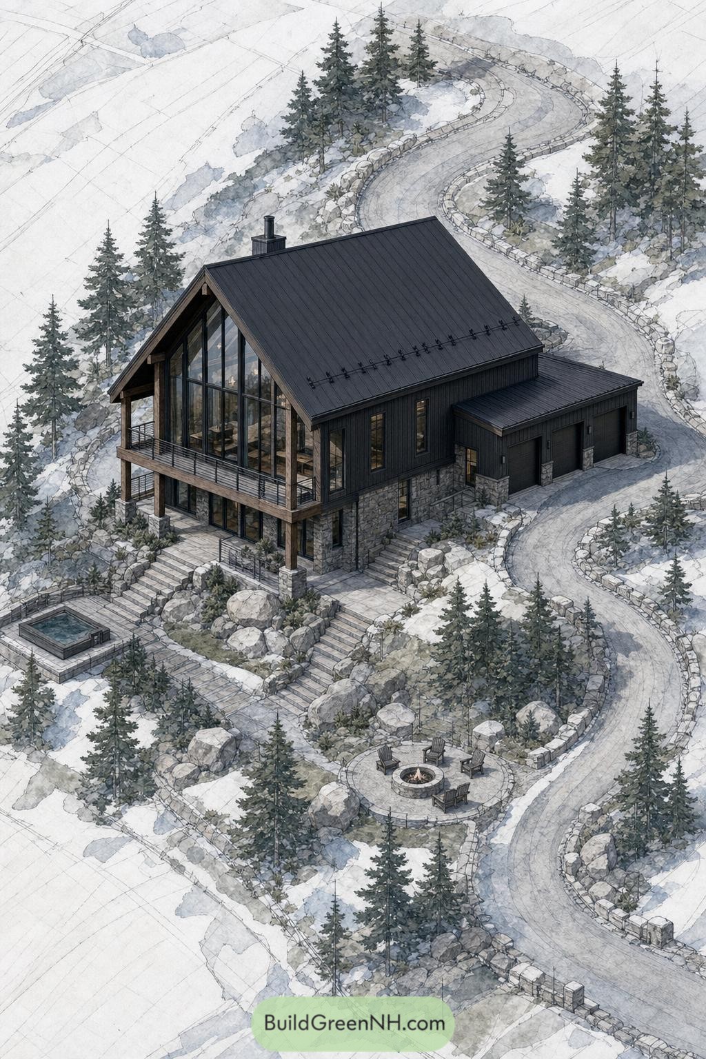 Black barndominium beside stone terraces and a winding mountain drive