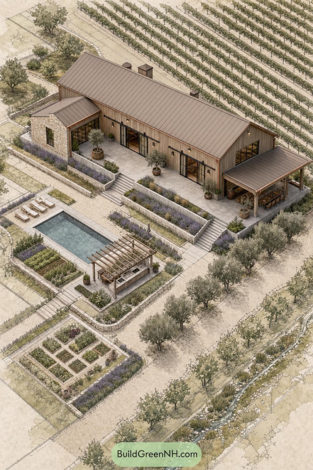 Contemporary barndominium with vineyard rows pool gardens and pergola kitchen
