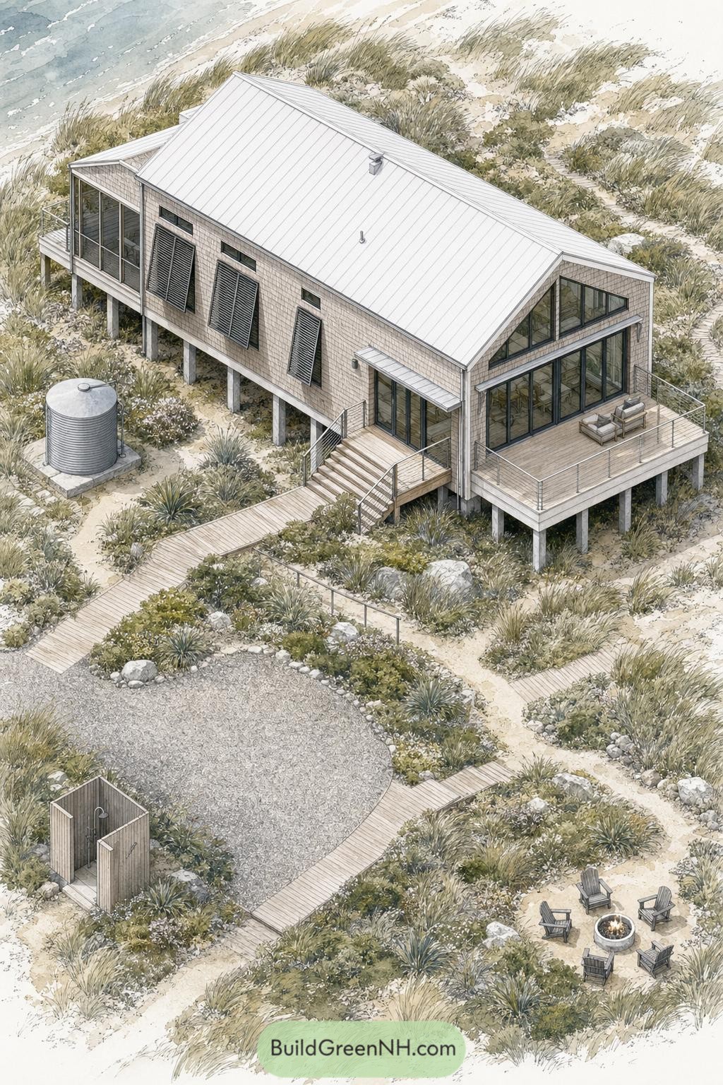 Elevated coastal barndominium with dune landscaping and firepit