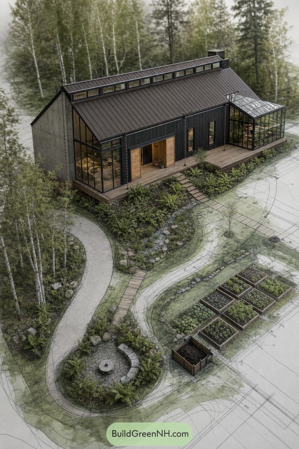 Dark Barndominium With Greenhouse And Raised Beds