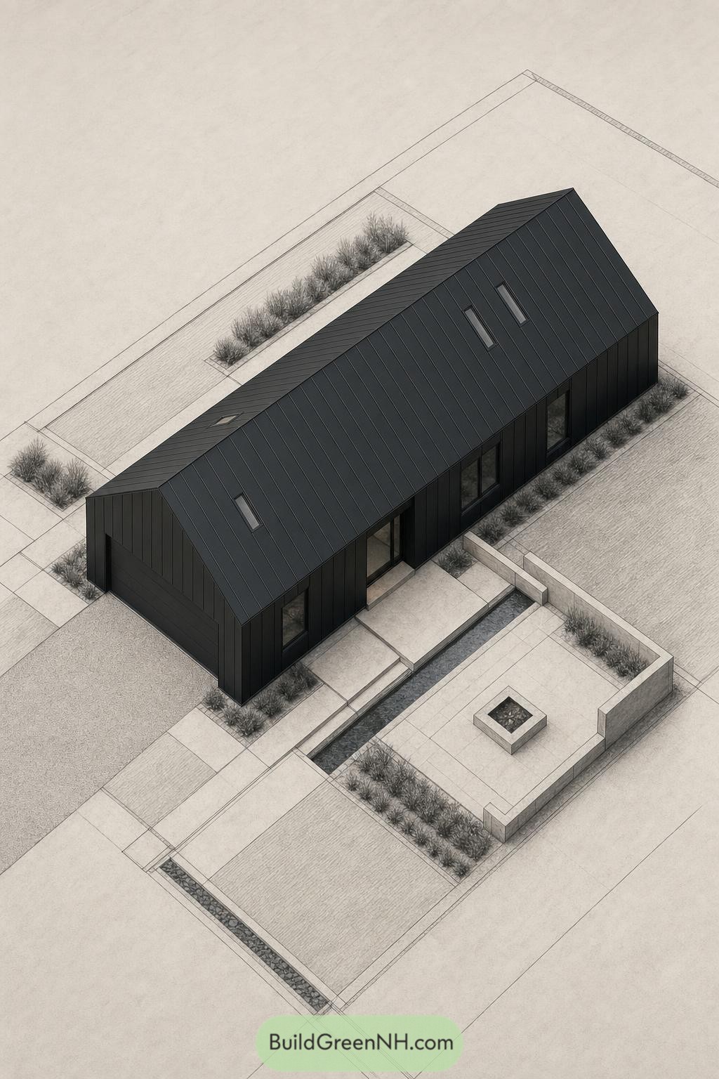 Black gabled barndominium with sunken firecourt terrace