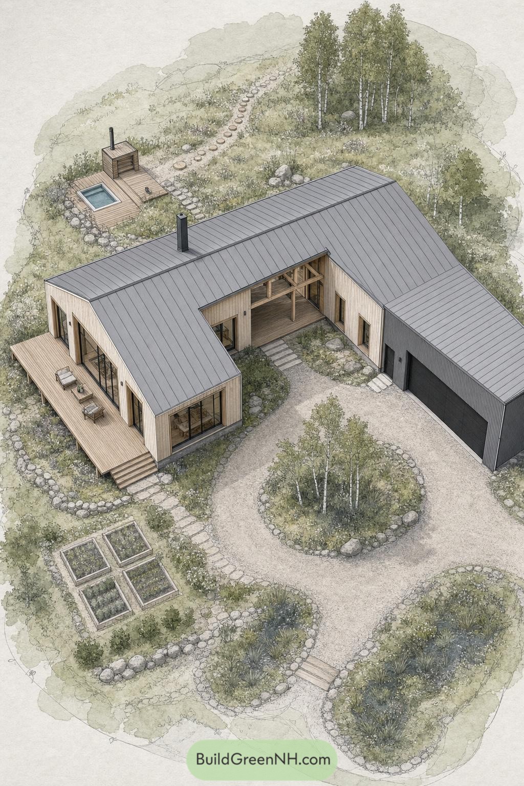 L-shaped barndominium with courtyard garden sauna and plunge pool