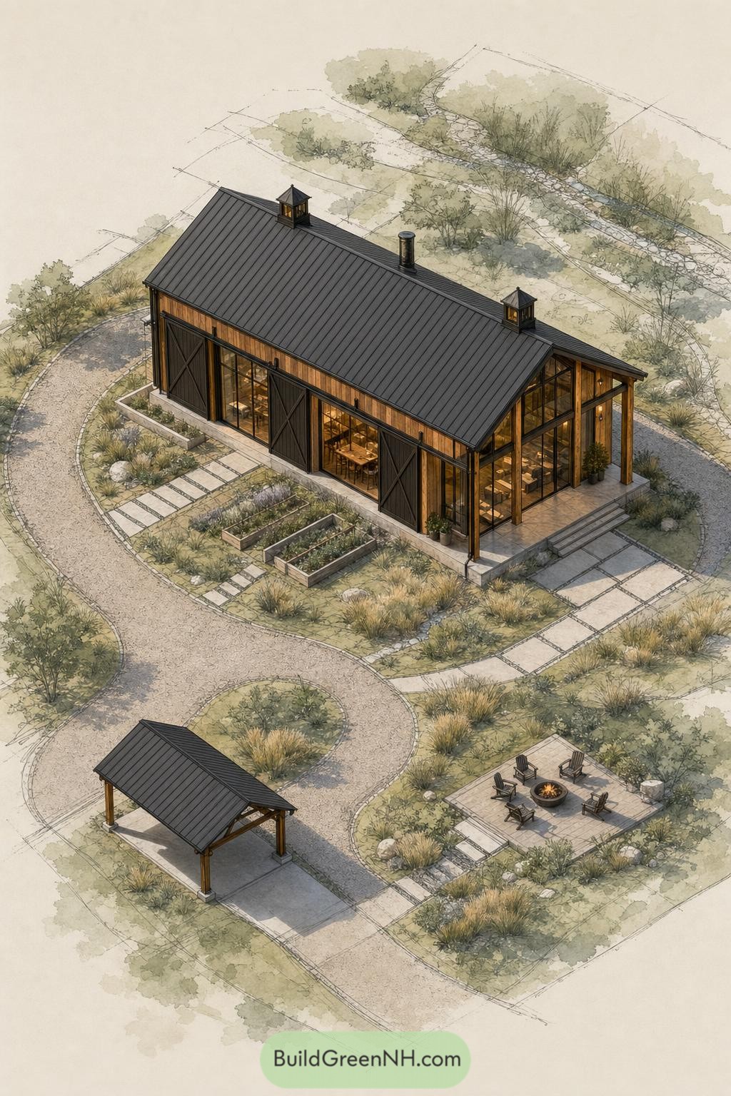 Barndominium with garden paths pavilion and fire pit patio