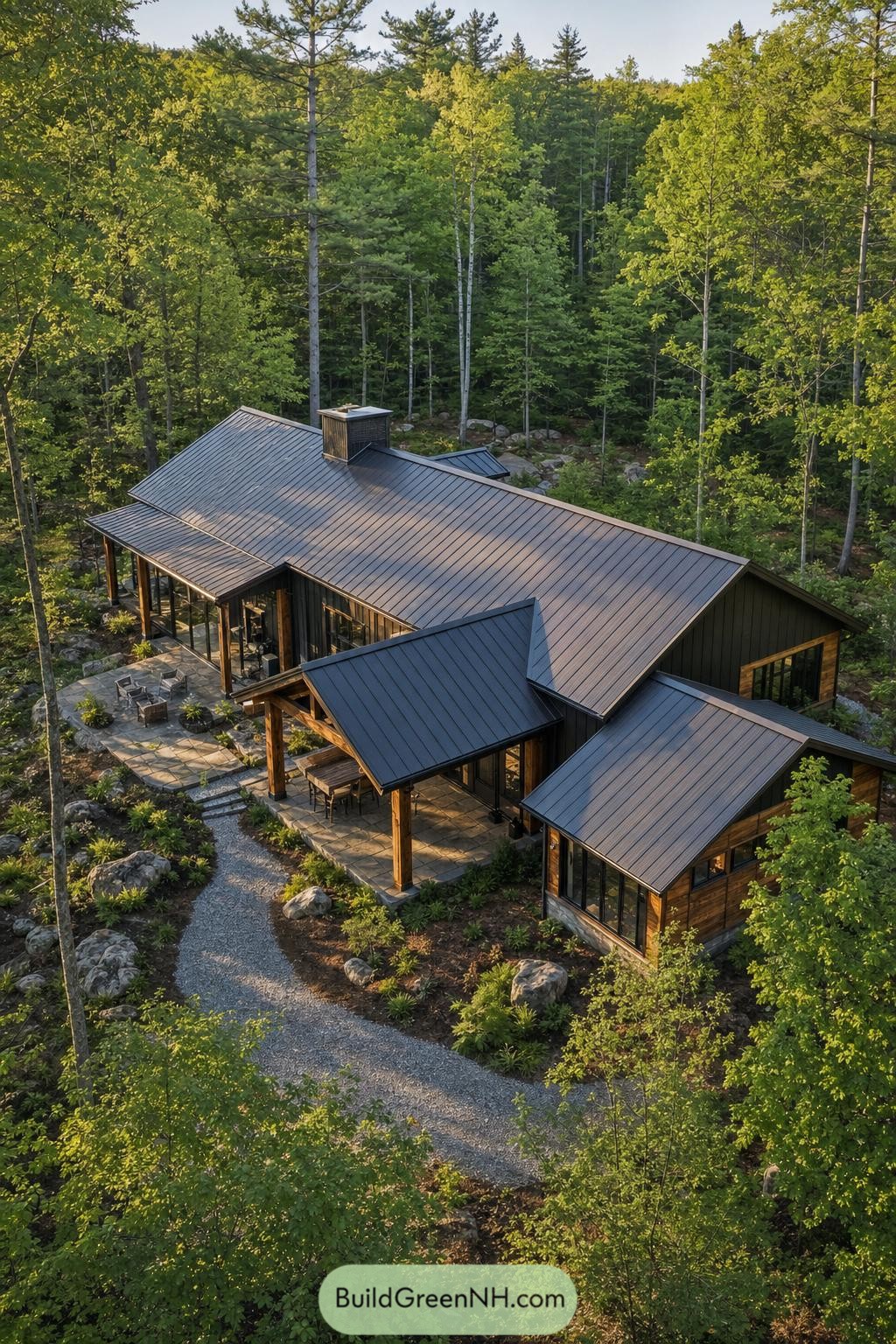 Forest barndominium with dark metal roofs and timber porches