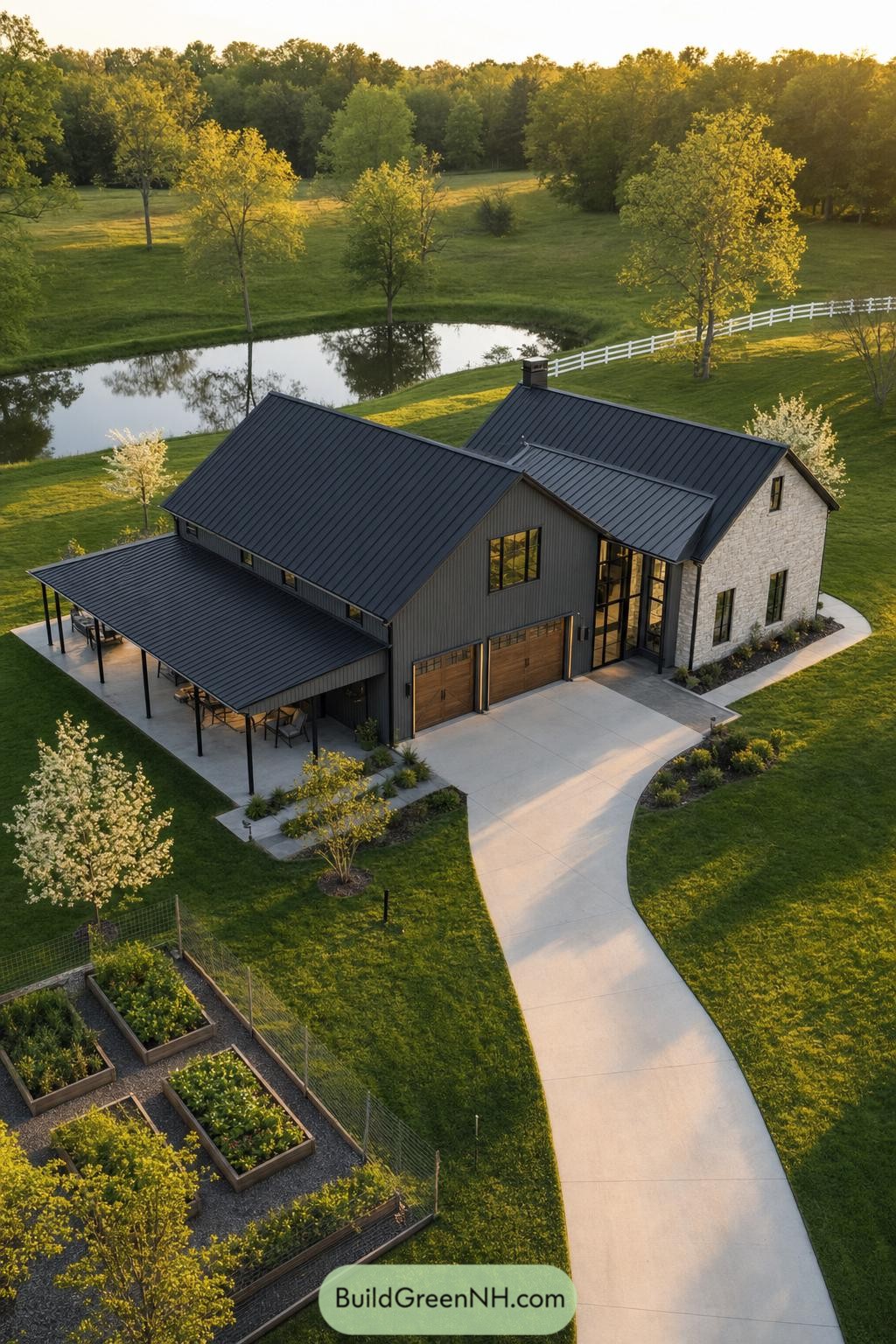 Dark metal roof barndominium beside pond and garden beds