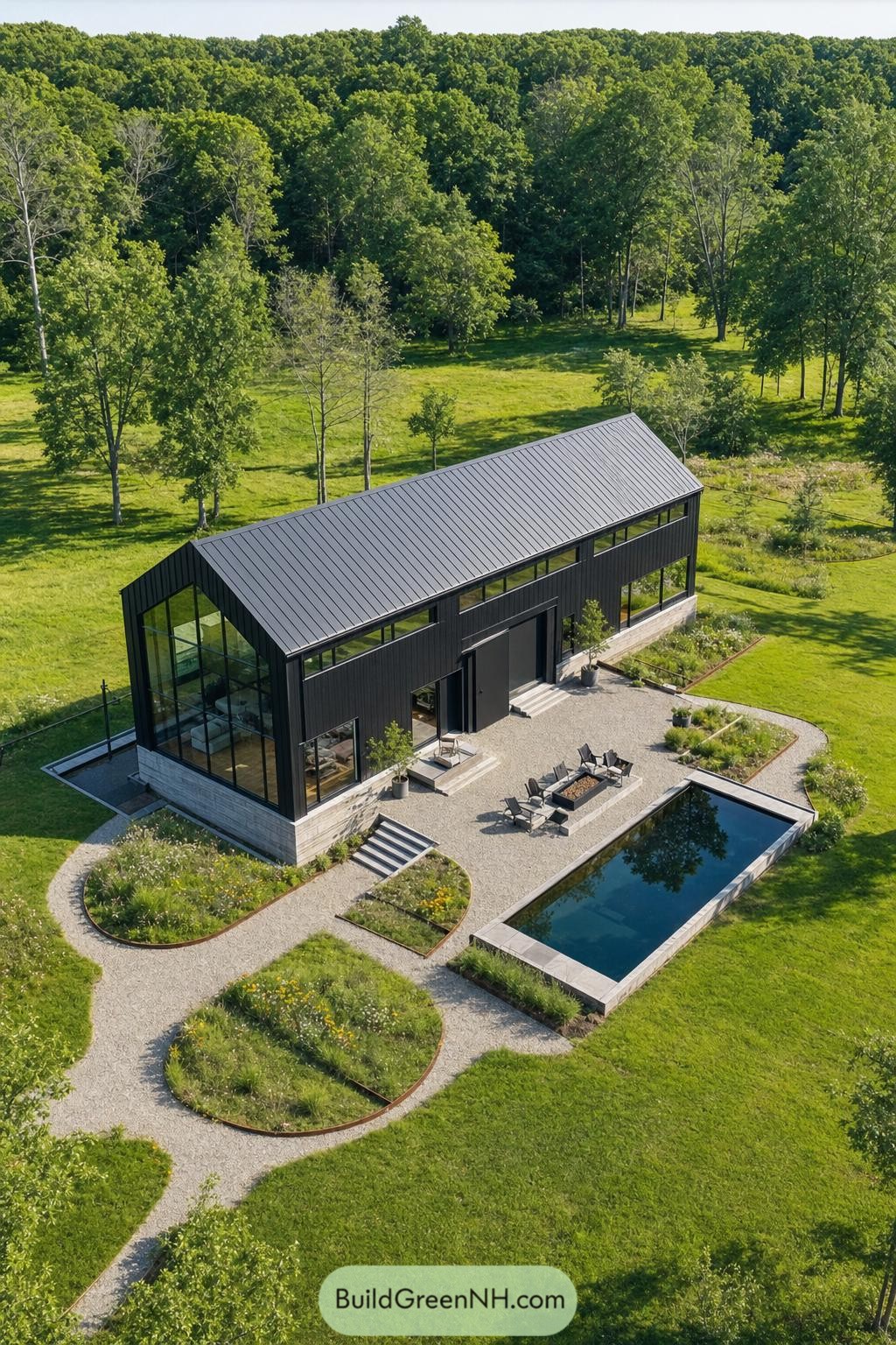 Modern black barndominium with glass walls and a rectangular pool
