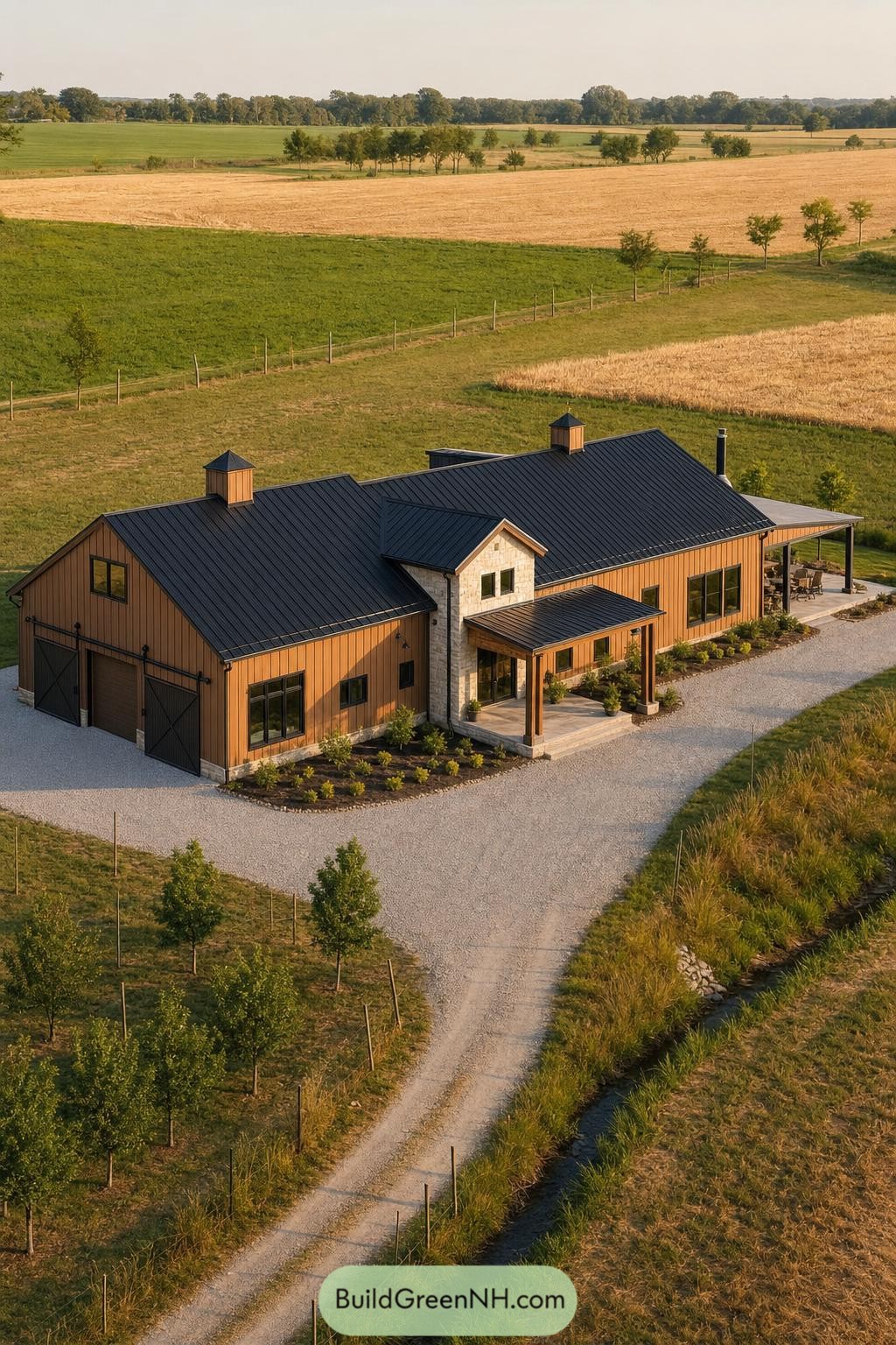 Warm wood sided barndominium beside harvested fields