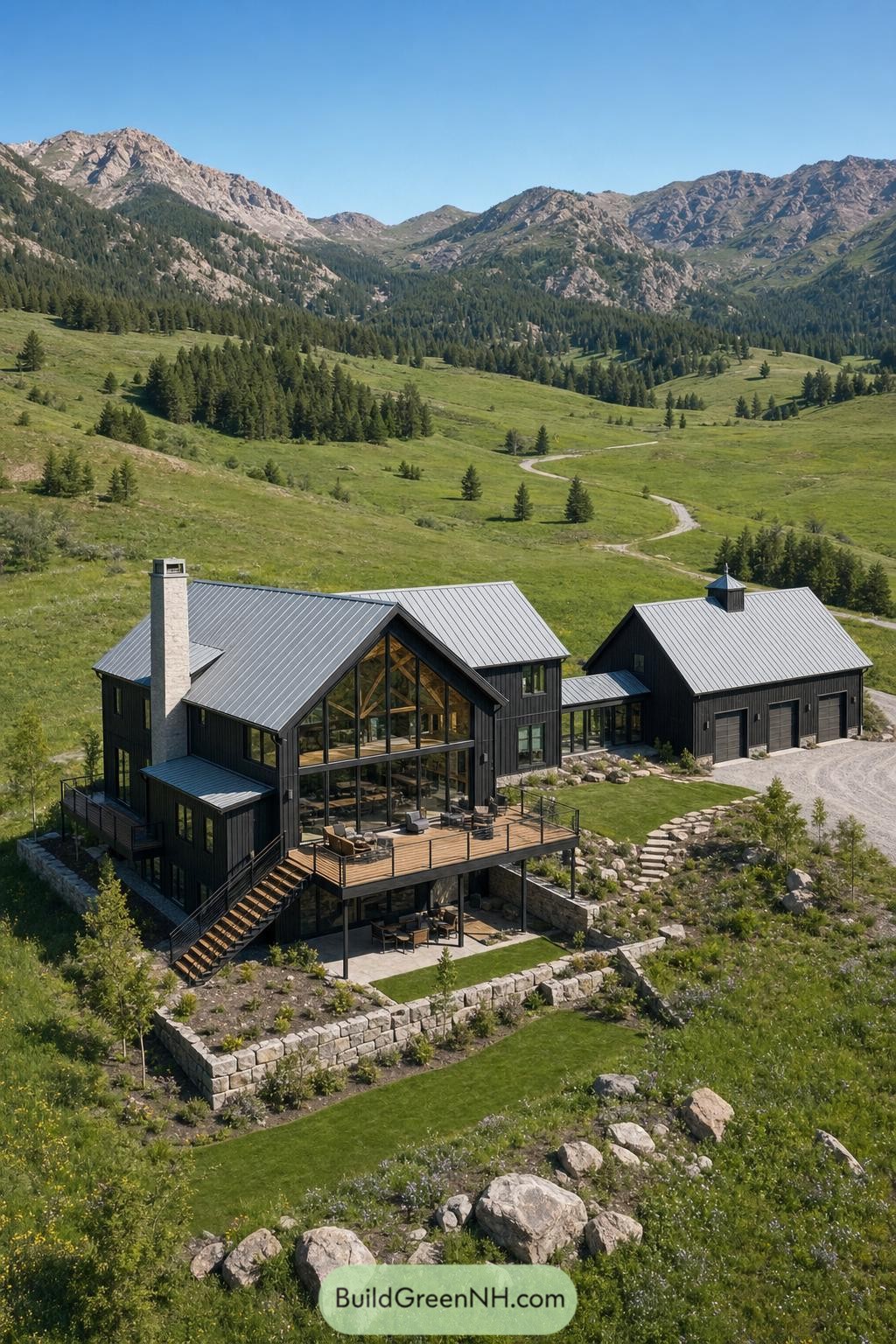 Black gabled barndominium with glass façade in a mountain meadow