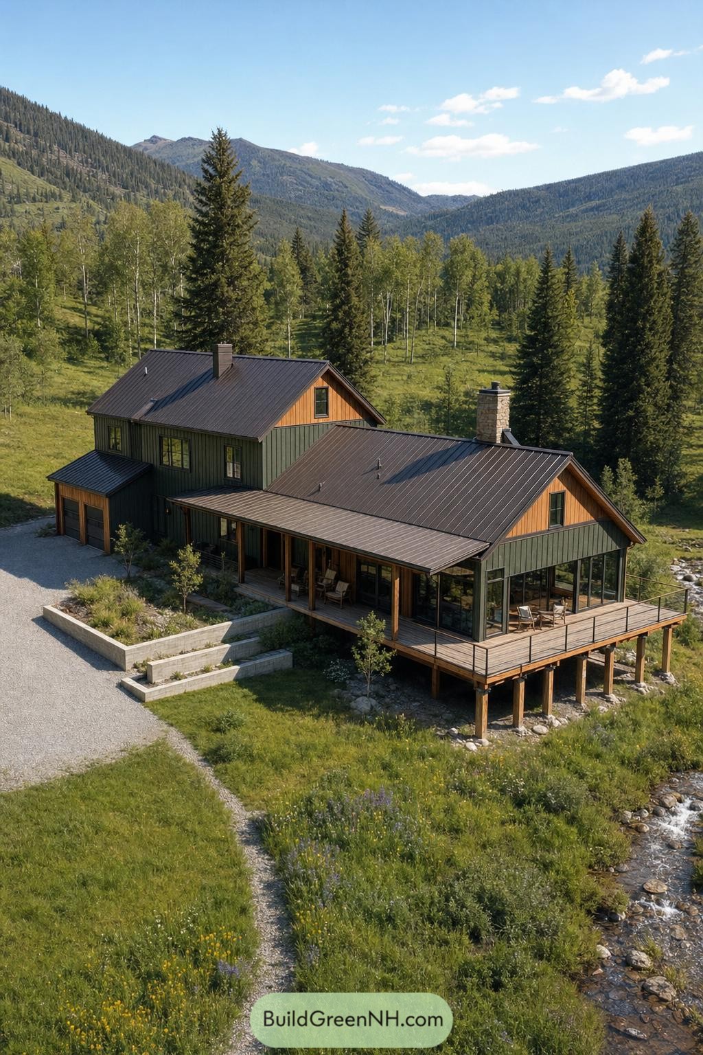 Green metal barndominium beside a mountain creek