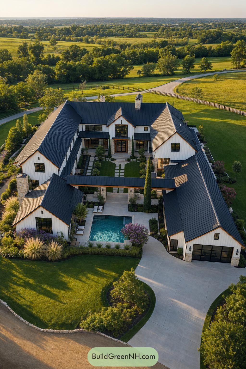 White gabled barndominium with a central pool courtyard