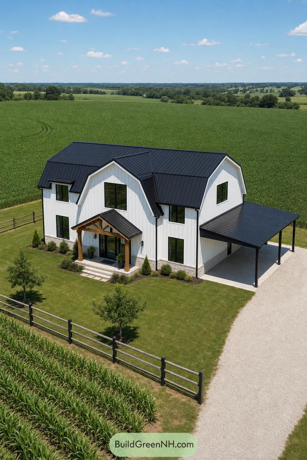 White Barndominium With Timber Porch And Carport