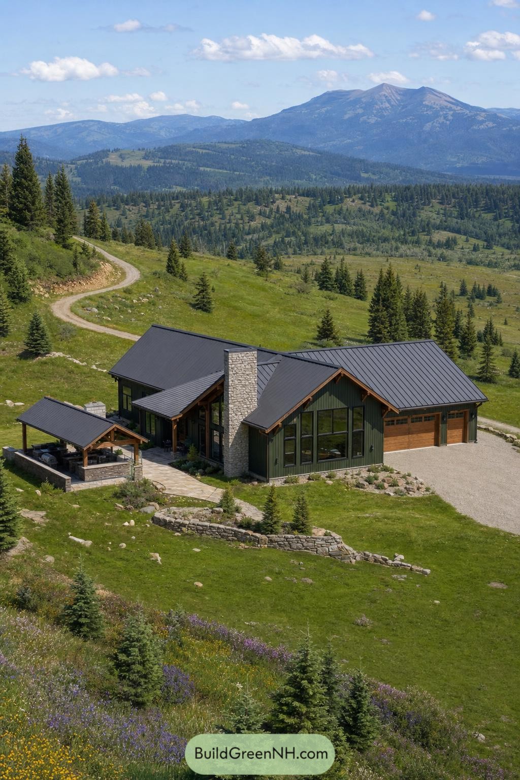 Green barndominium with stone chimney in mountain meadow