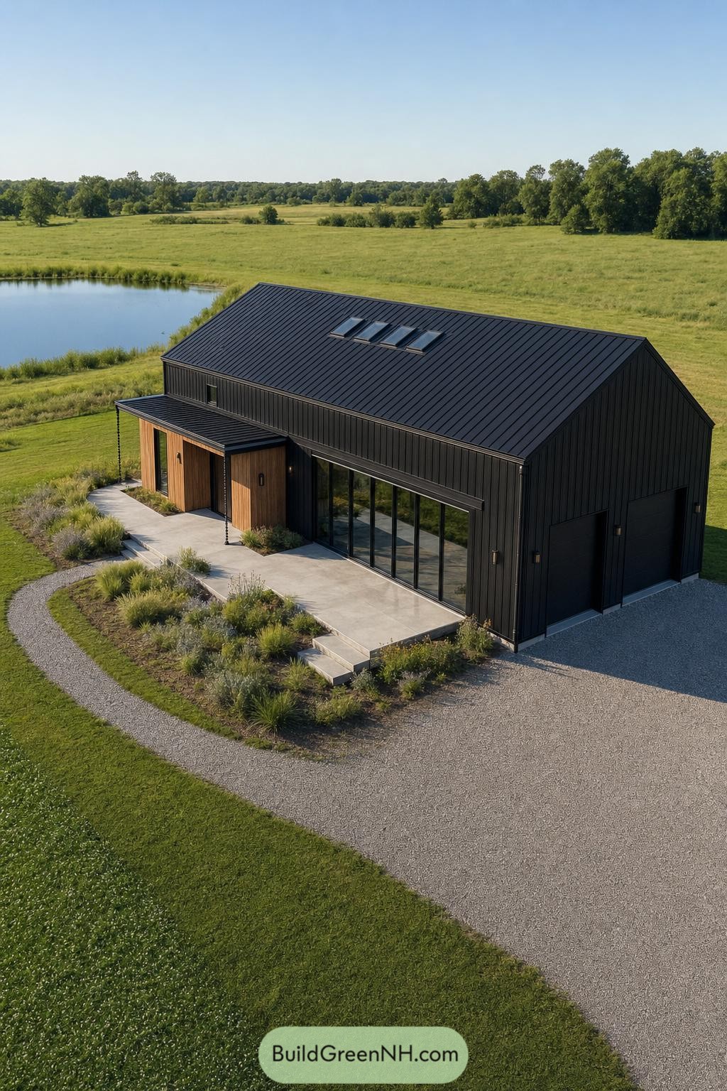 Black metal barndominium with wood entry beside a pond