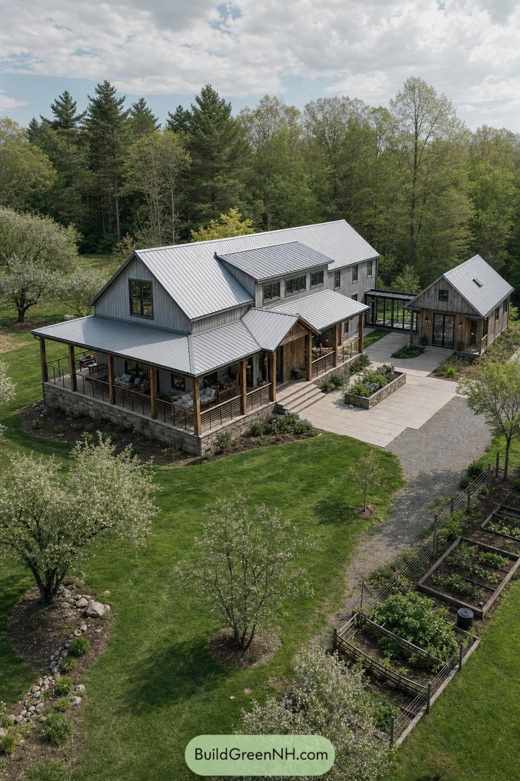 Gray metal-roofed barndominium with porch and garden