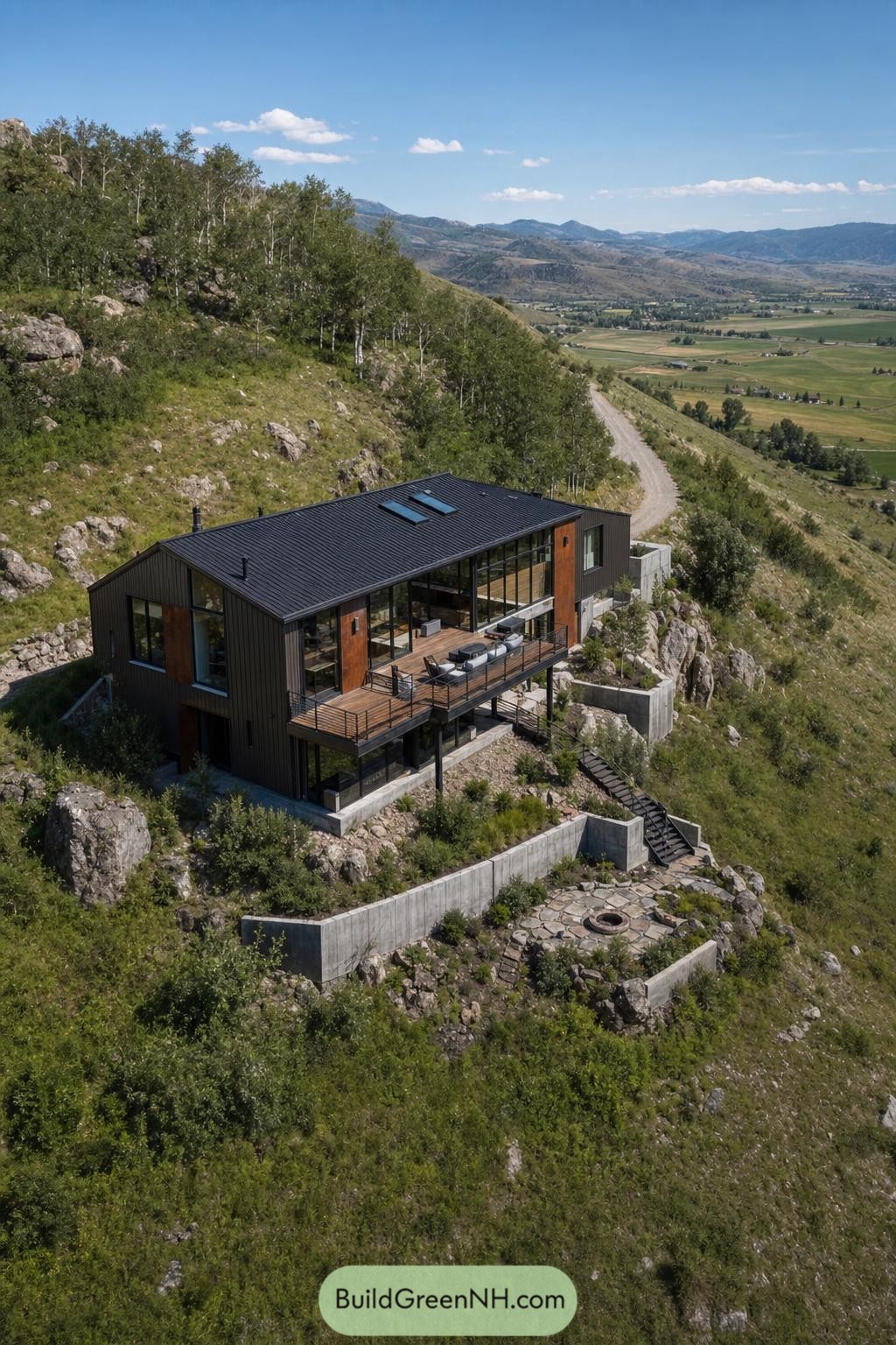 Modern black barndominium overlooking a mountain valley
