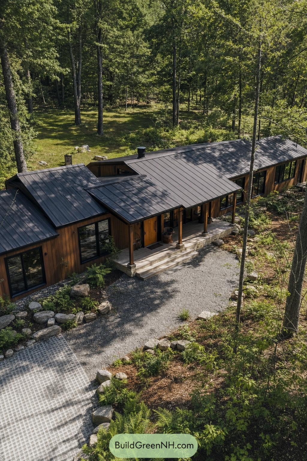 Wood clad barndominium nestled beneath mature forest trees