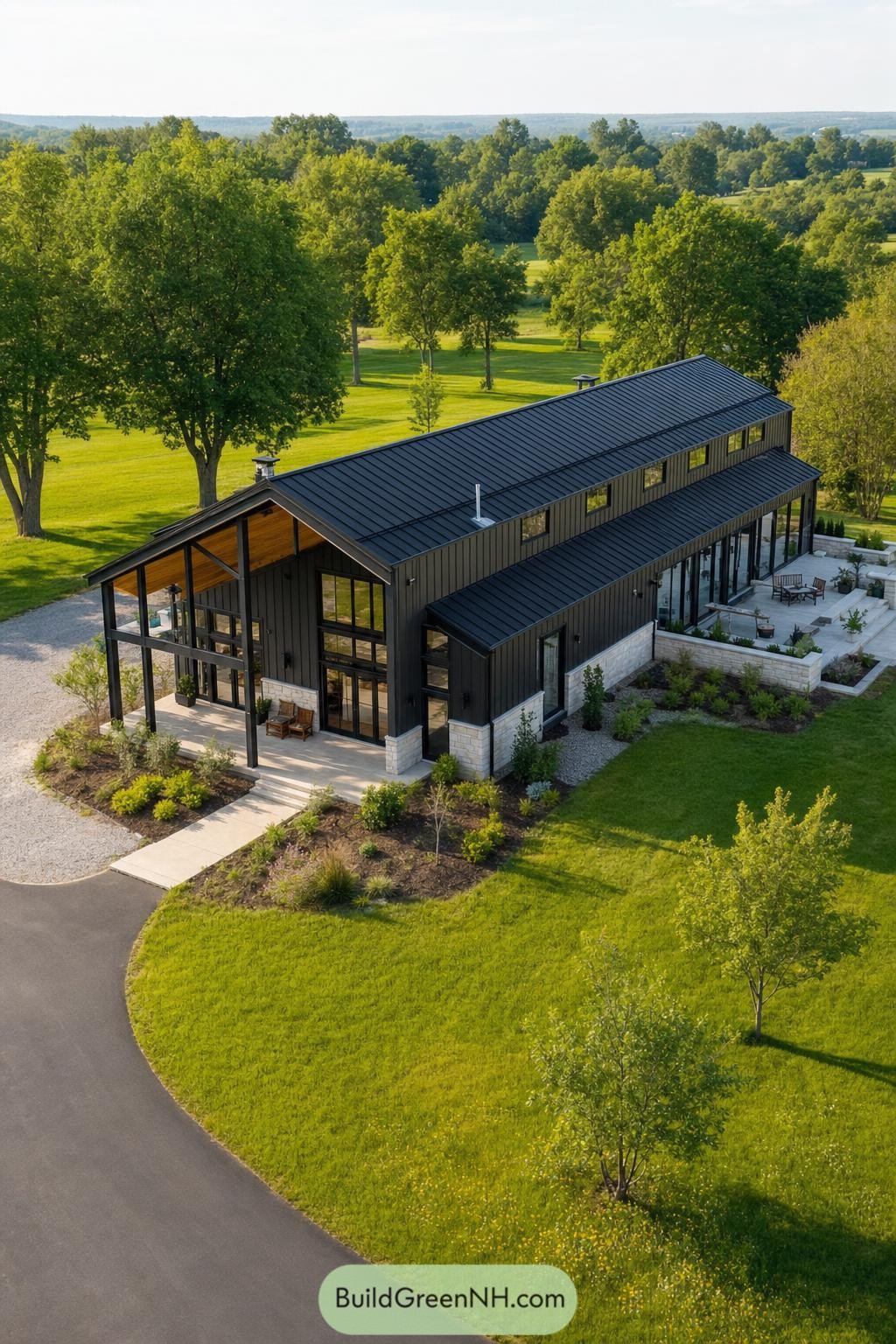 Modern black barndominium with glass walls and terrace
