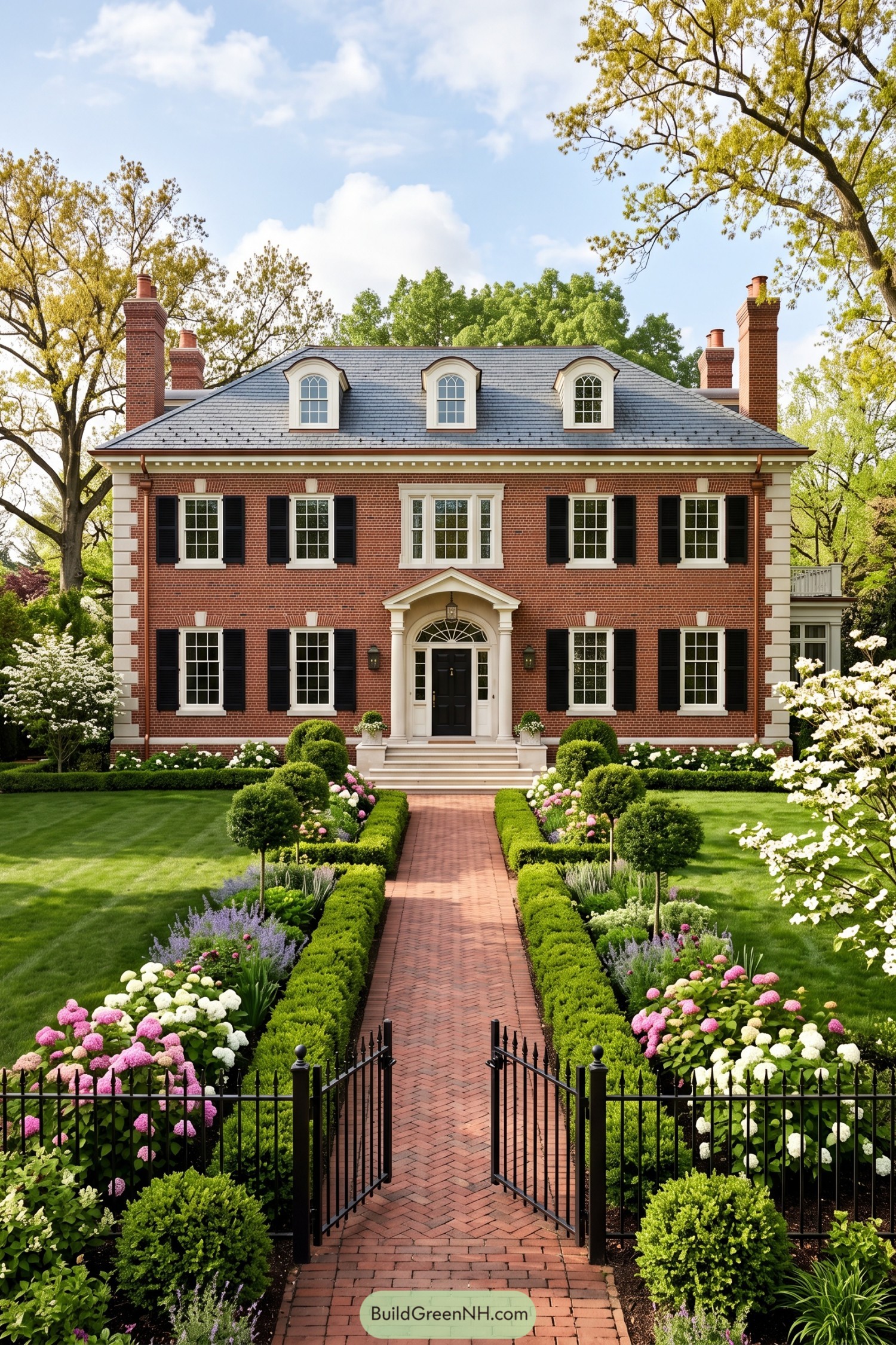 Red brick Federal home with formal garden path