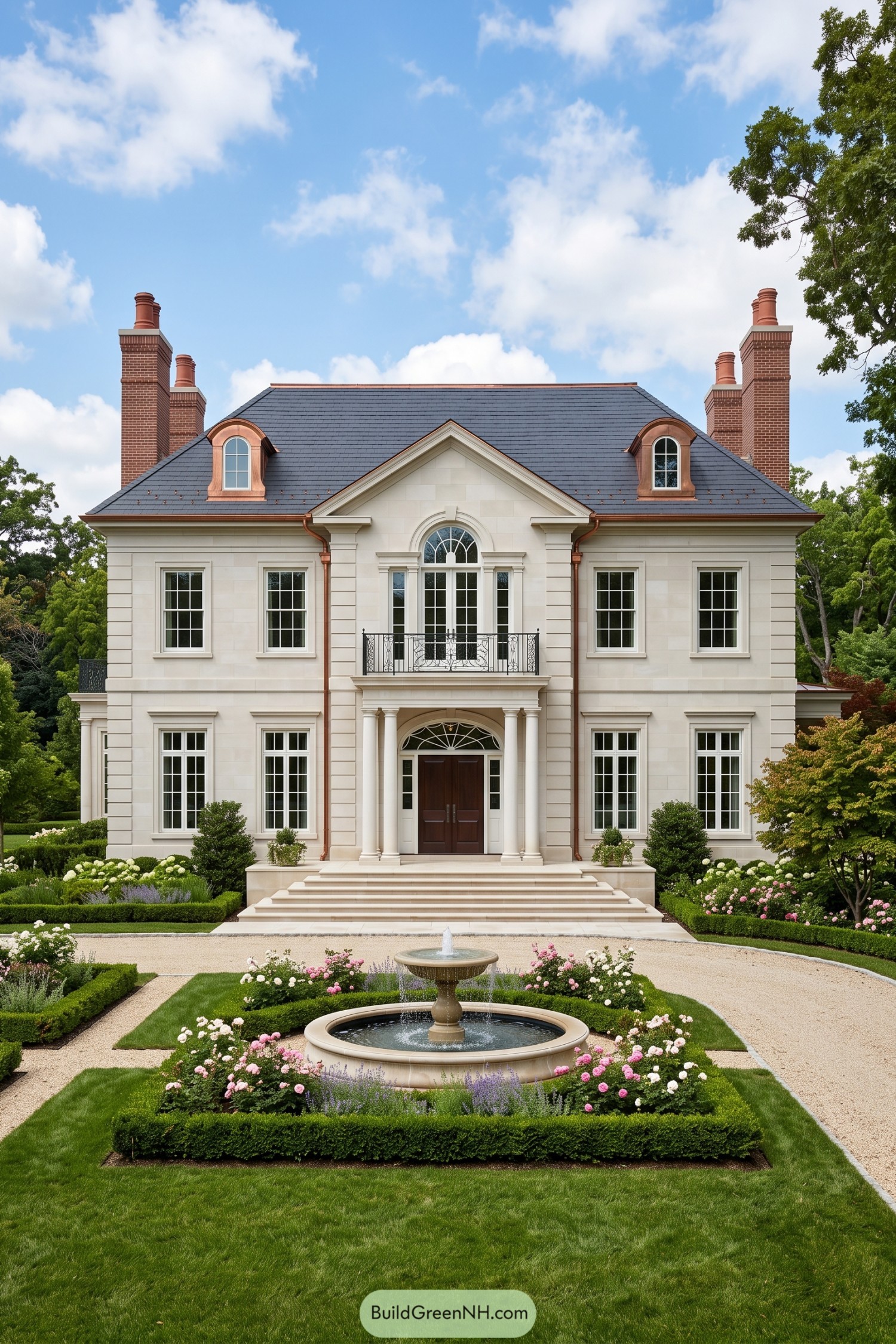 Pale stone Federal estate with copper dormers and formal fountain garden