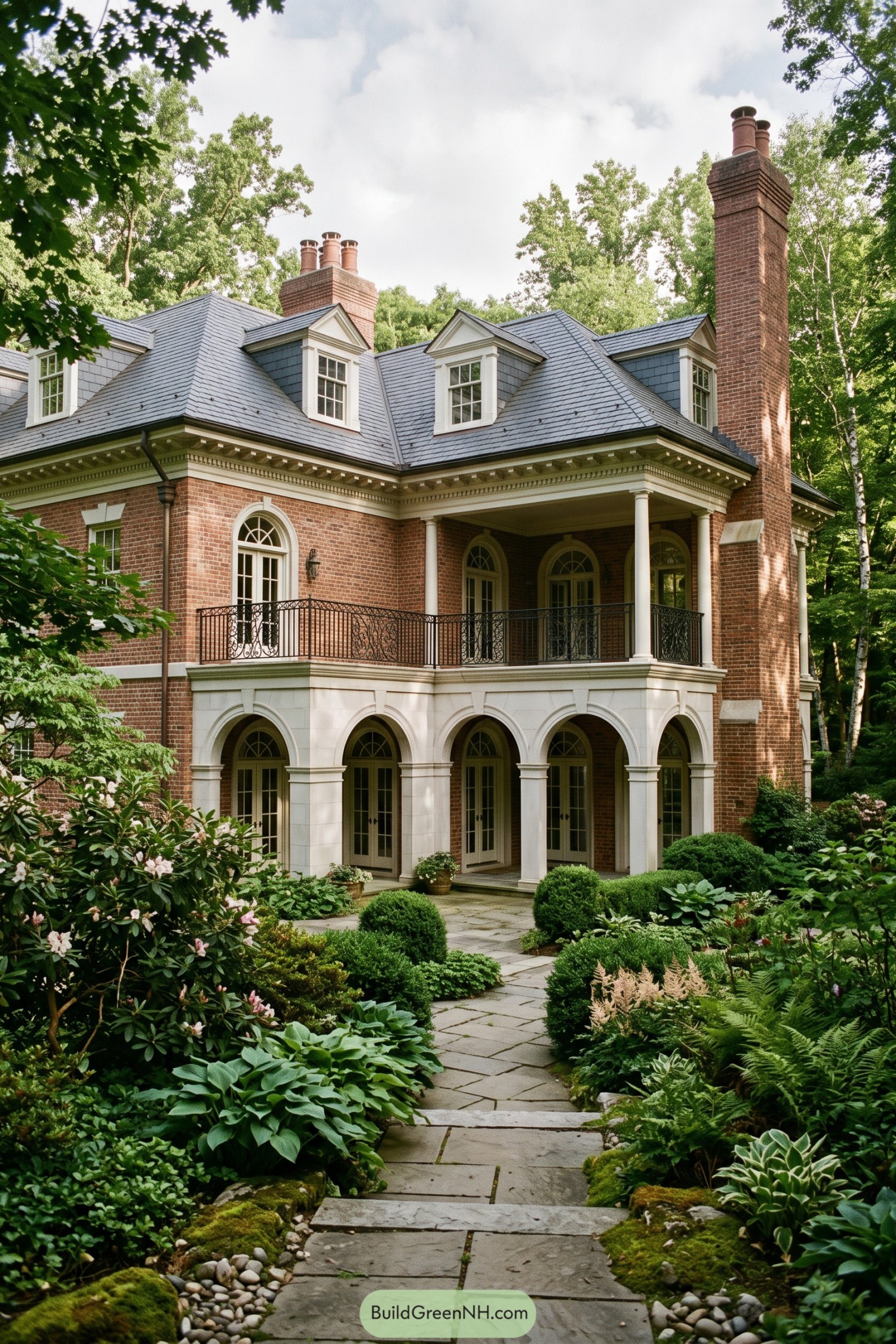 Brick Federal home with arched loggia and slate roof