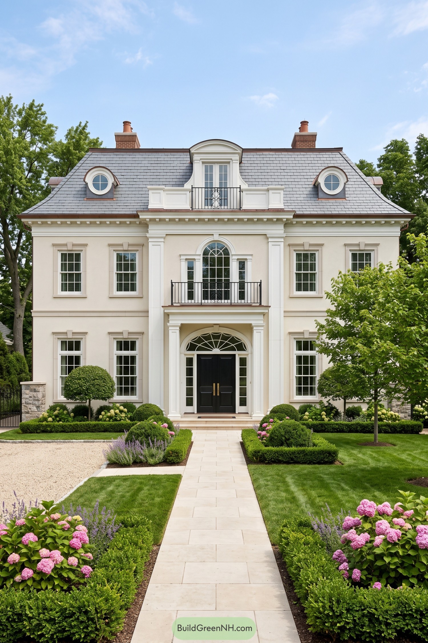 Cream Federal home with slate mansard roof and formal entry
