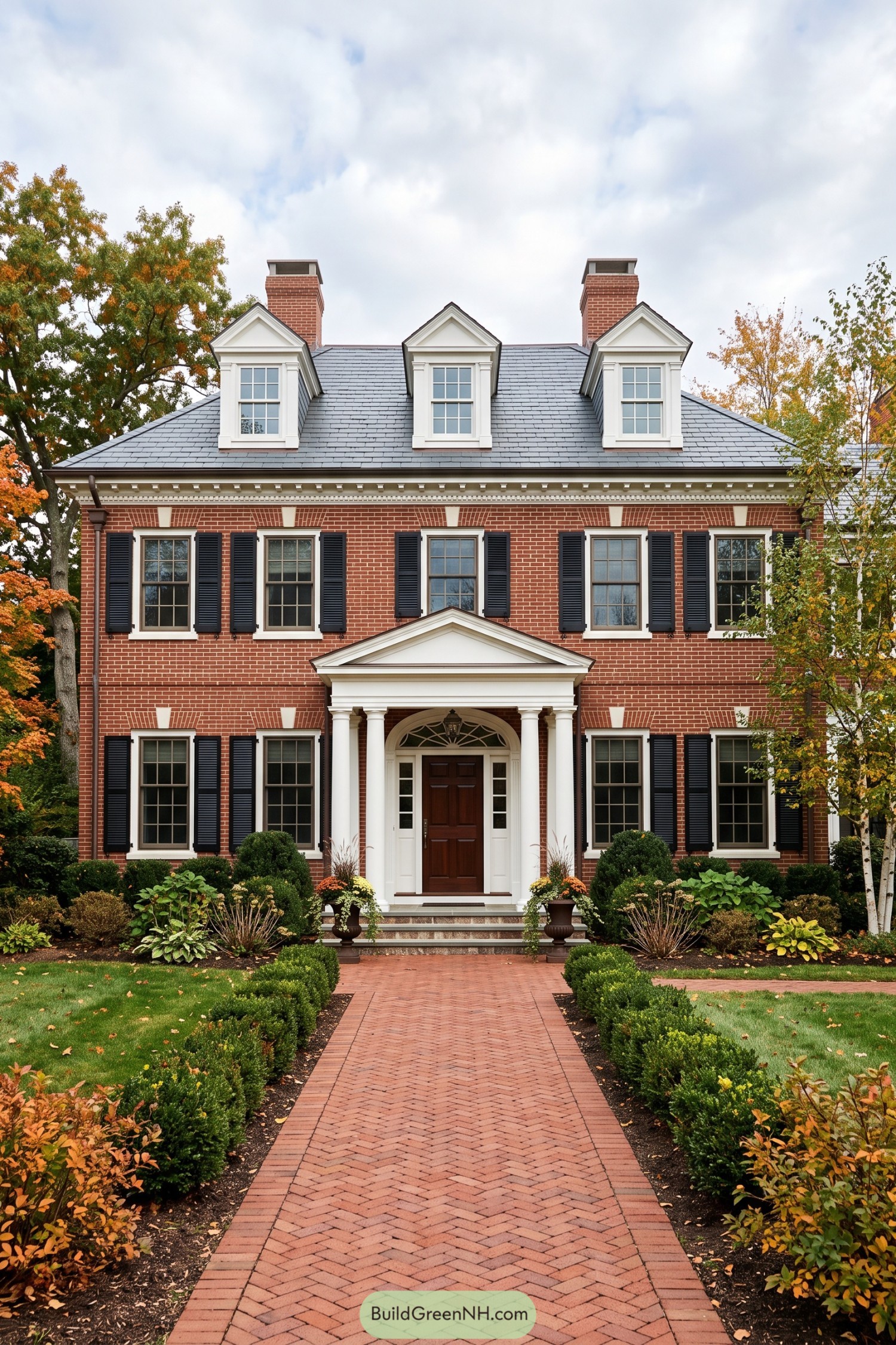 Red brick Federal home with white portico and dormers