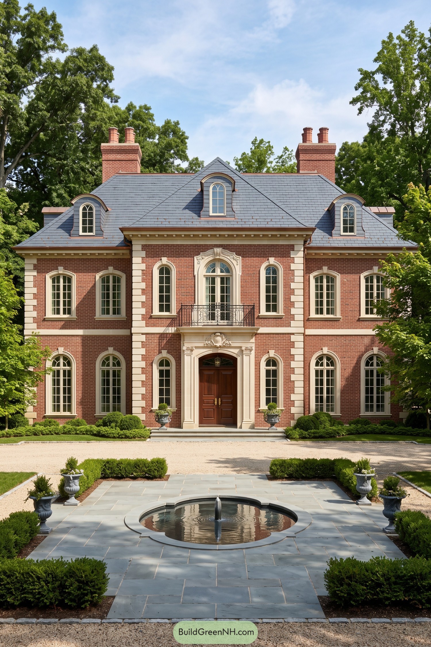 Red brick Federal mansion with slate roof and courtyard fountain