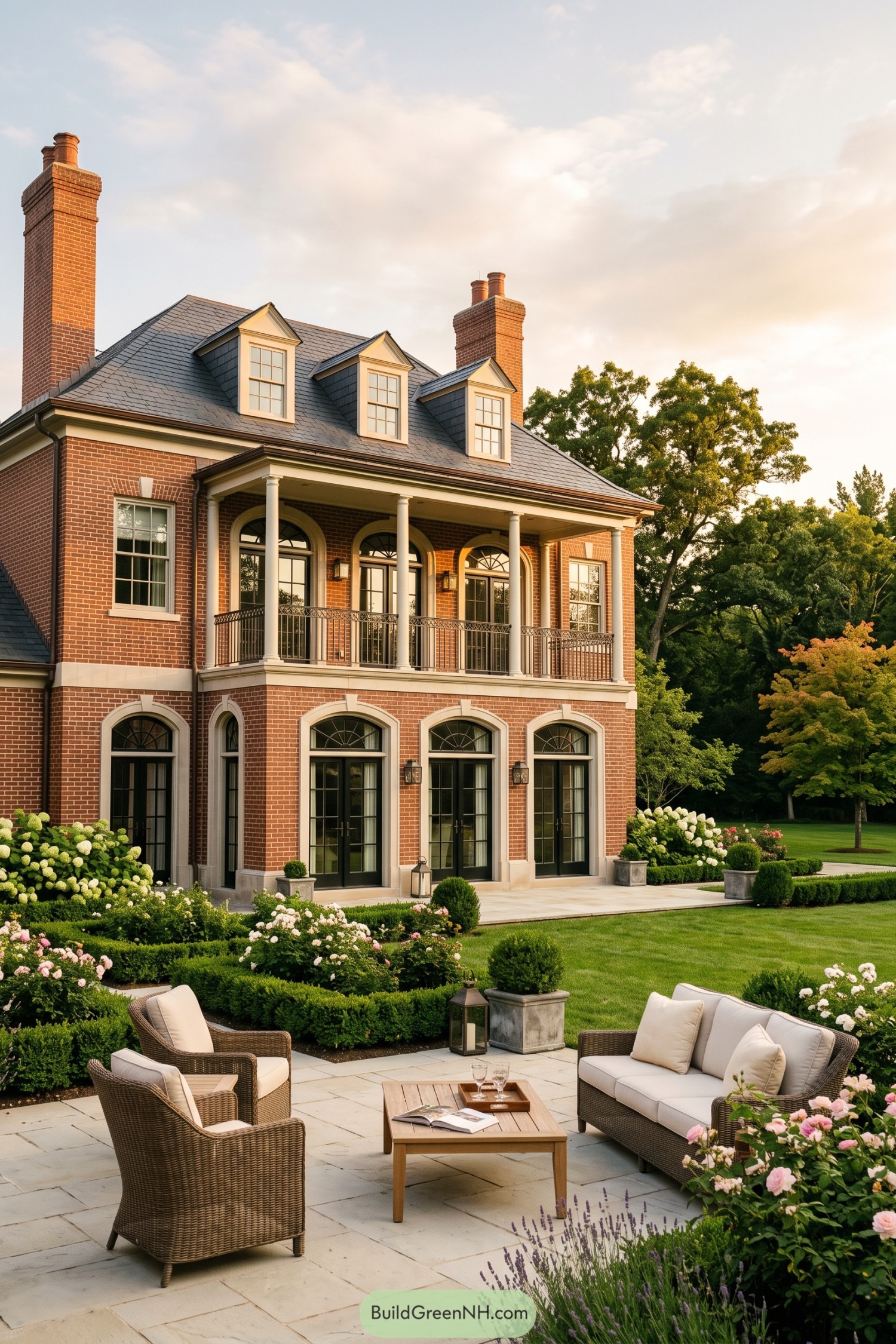 Red brick Federal home with columned porch and formal garden patio