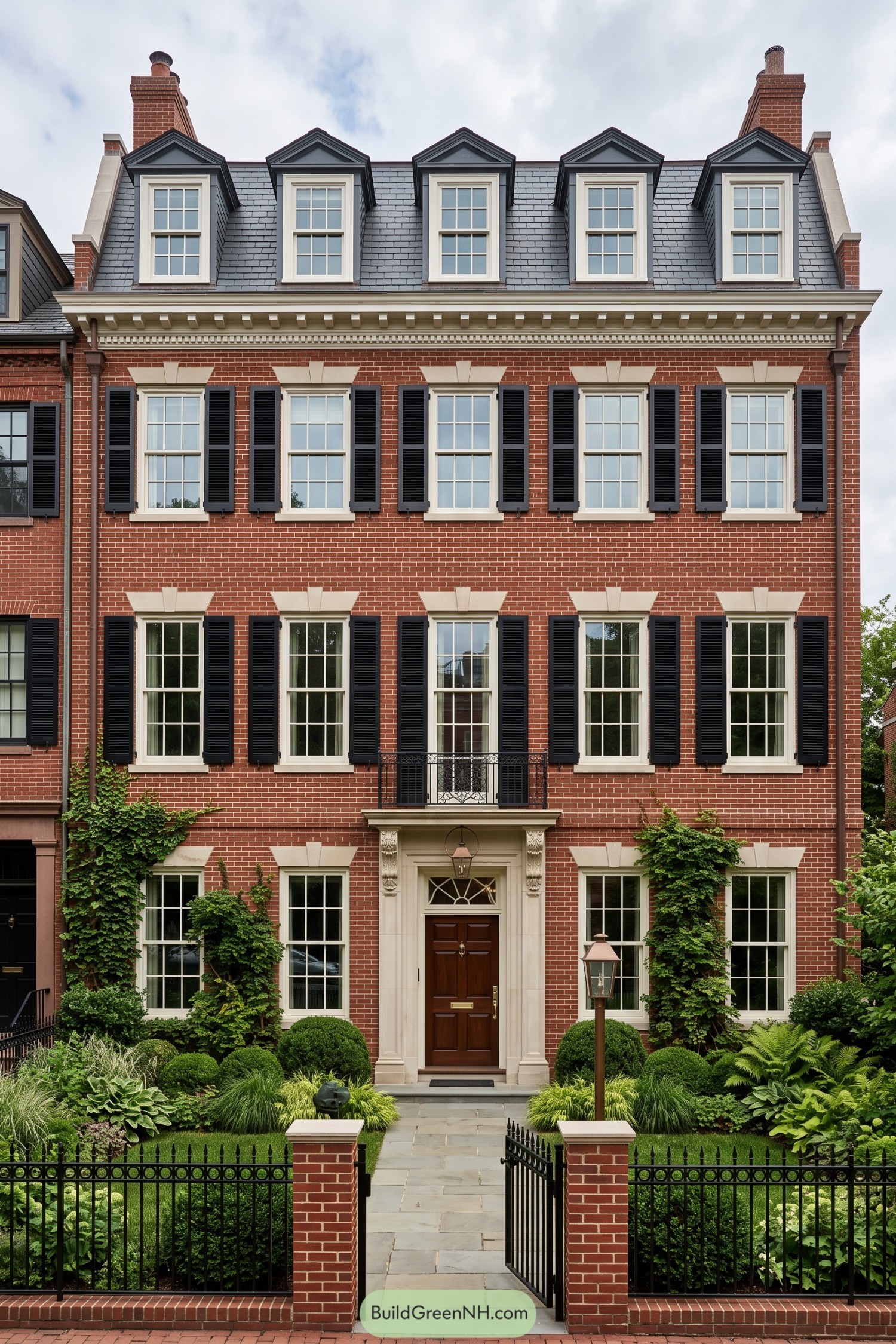 Red brick Federal townhouse with black shutters and dormer roof
