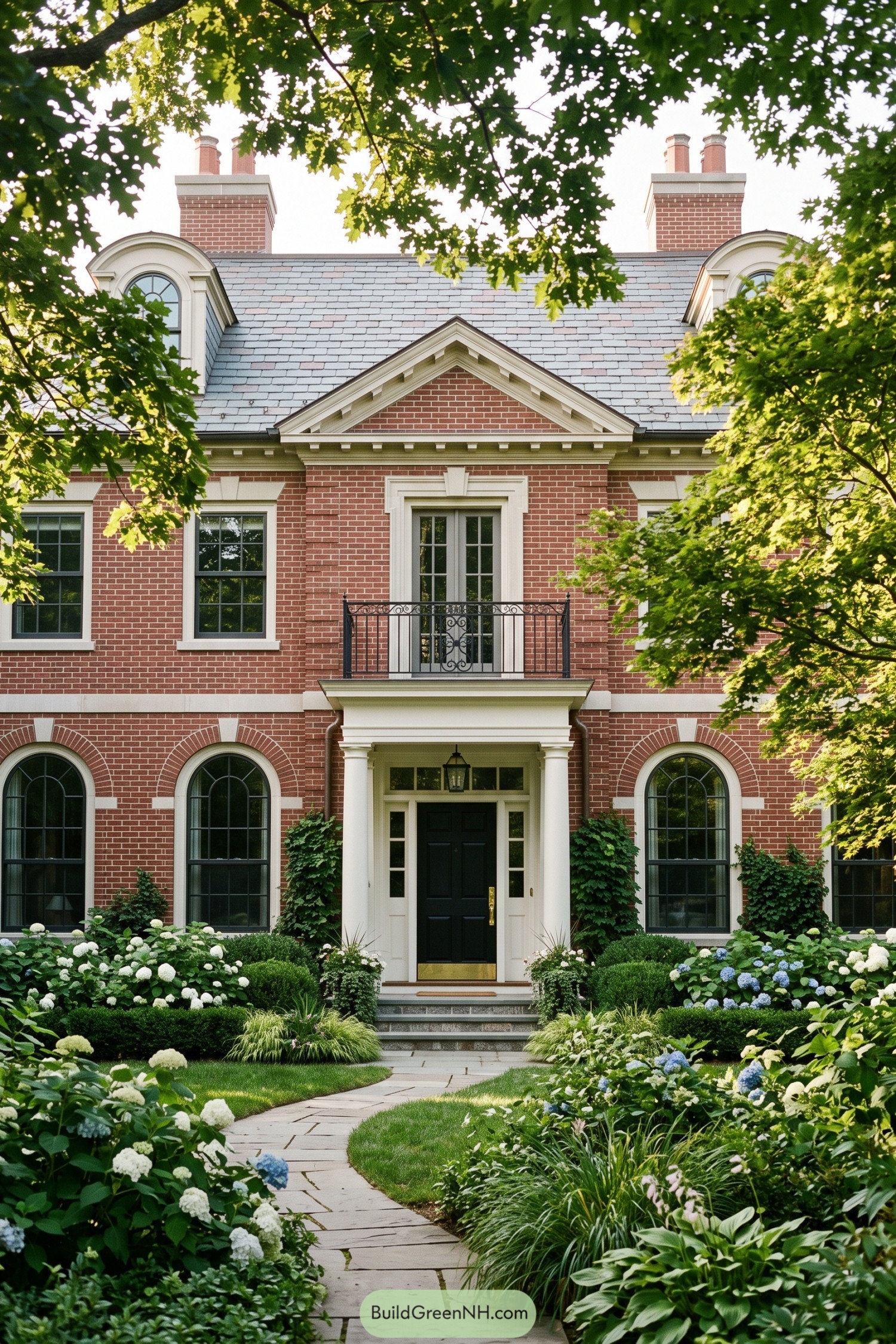 Red brick Federal home with arched windows and white portico