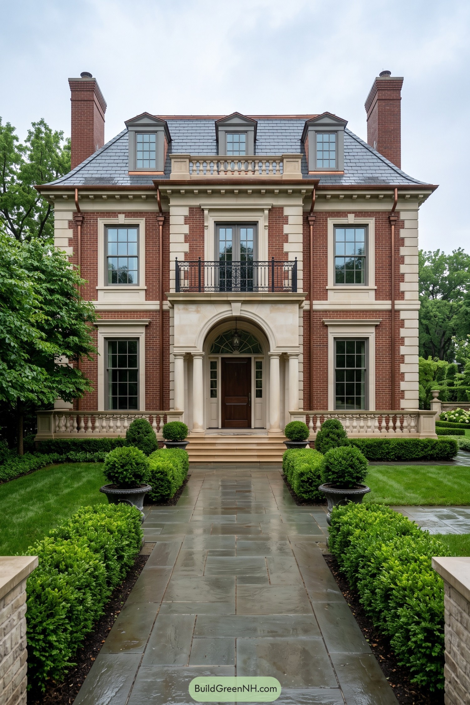 Brick federal home with arched entry and slate roof