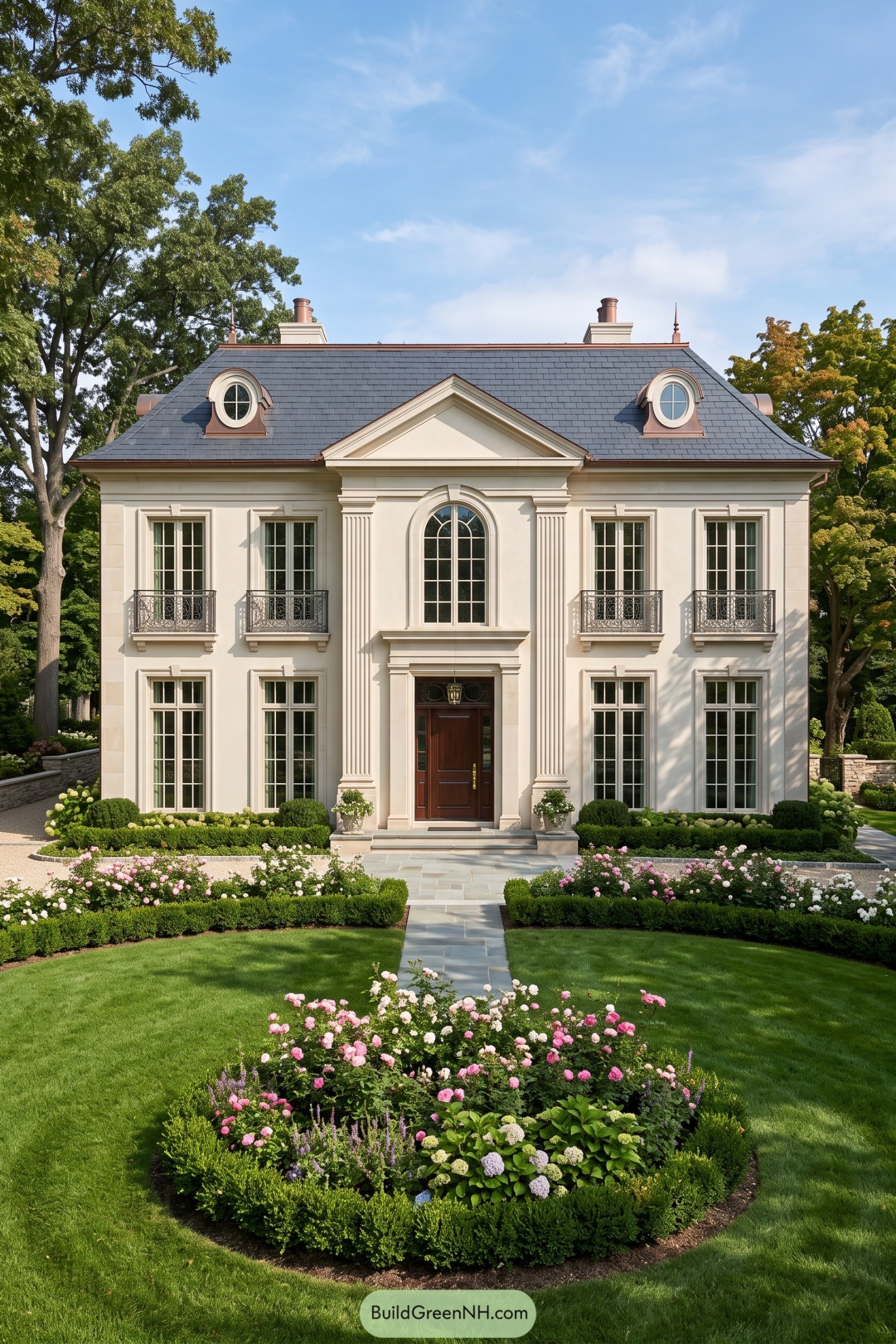 Cream Federal villa with a slate roof and formal rose garden