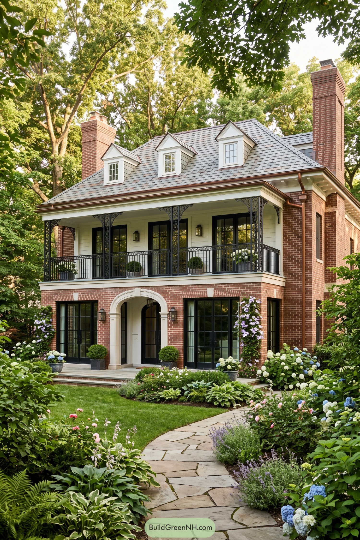 Brick Federal home with iron porch and slate roof