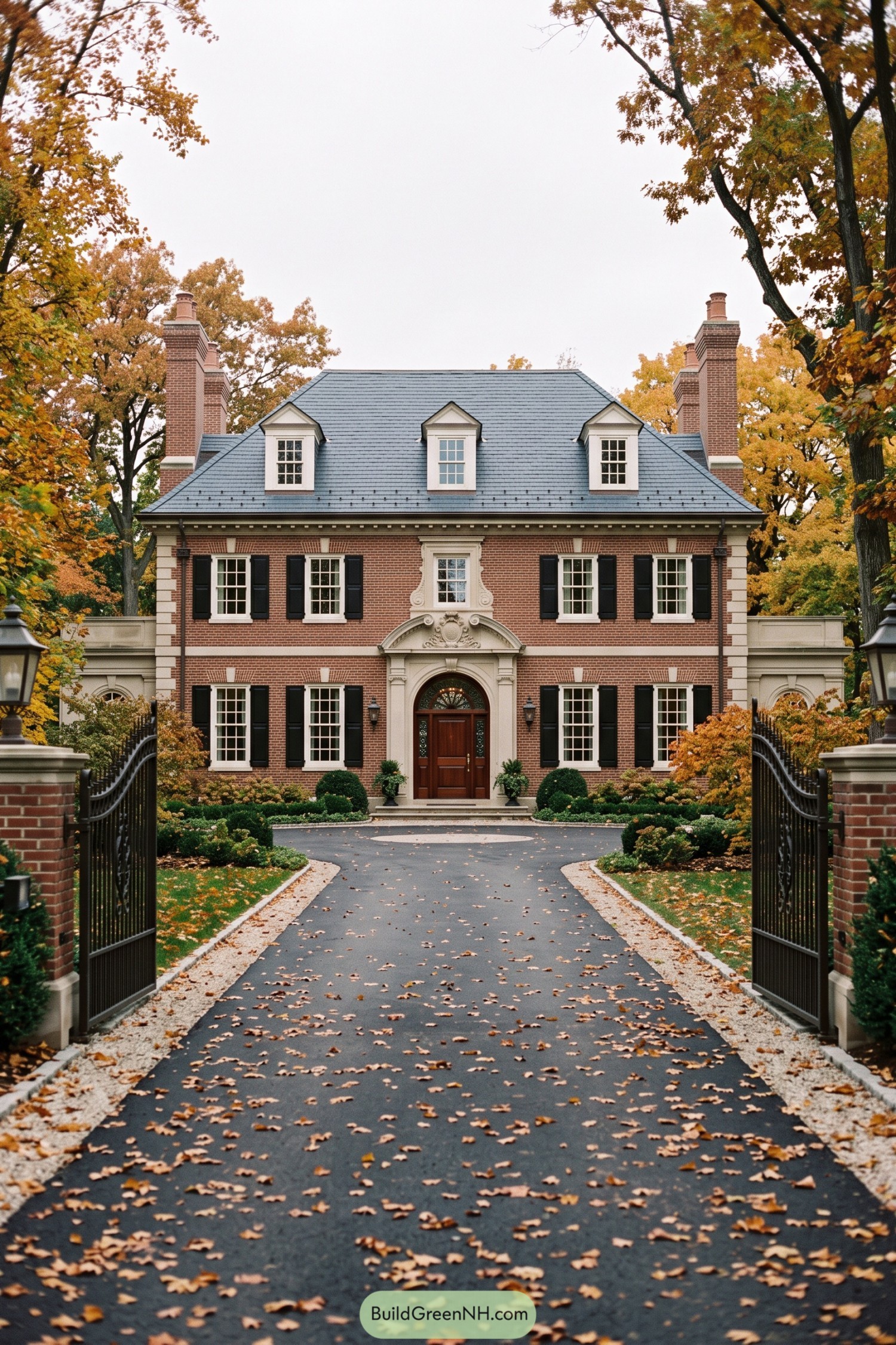 Red brick Federal home with black shutters and gated drive