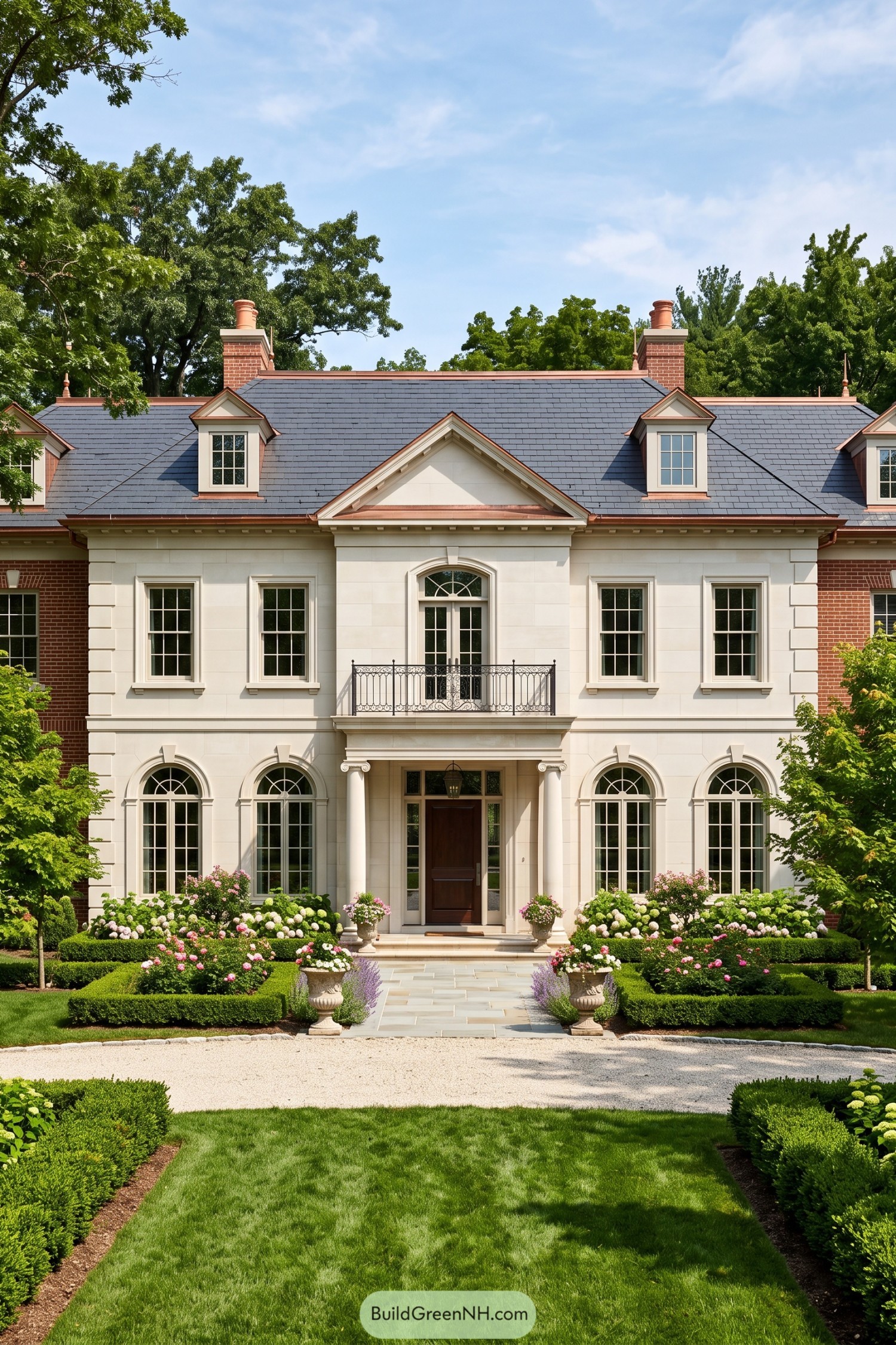 Federal home with limestone facade brick wings and formal garden