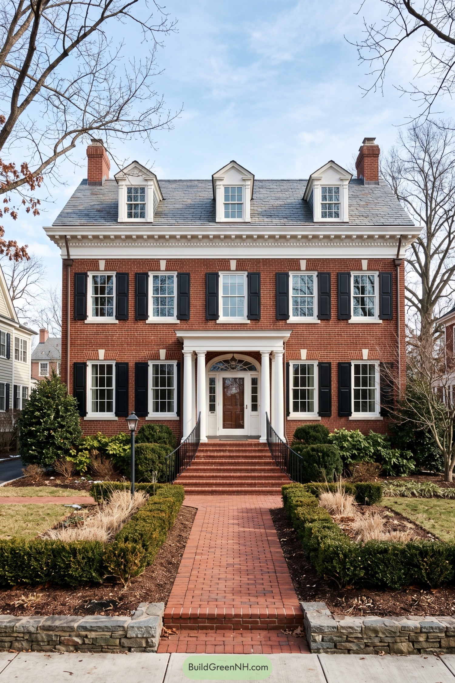 Red brick Federal home with columned entry and dormers
