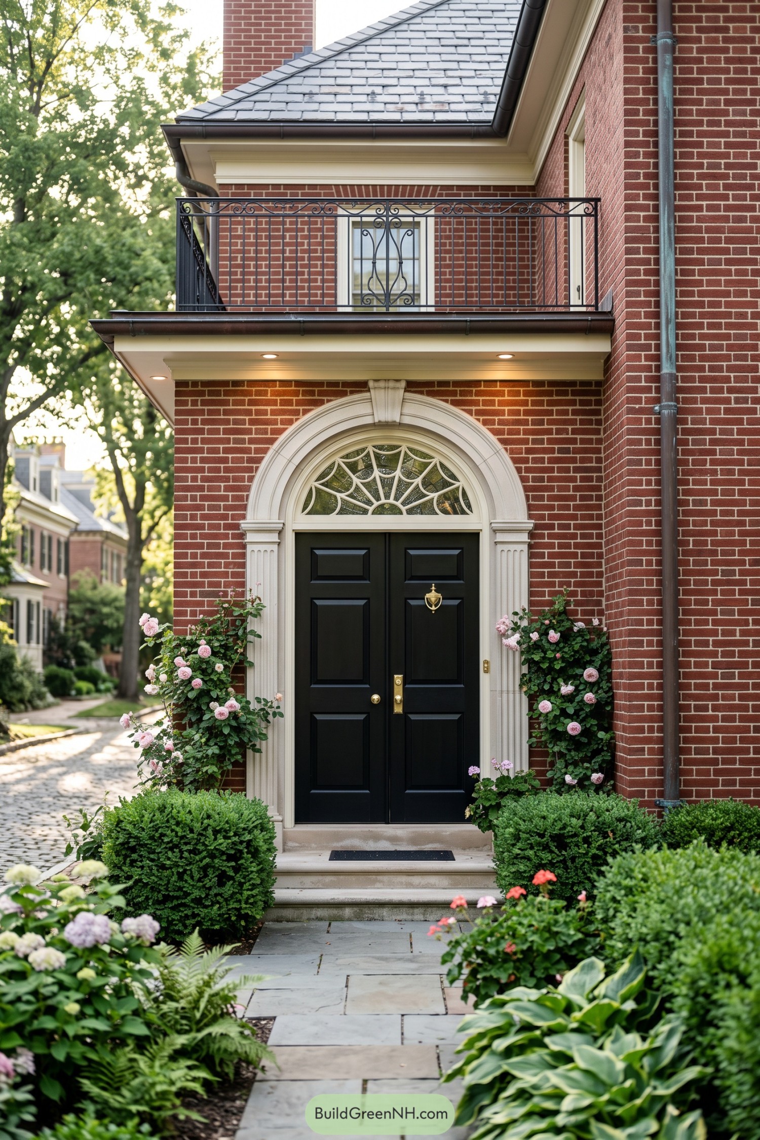 Red brick Federal entry with arched fanlight and iron balcony