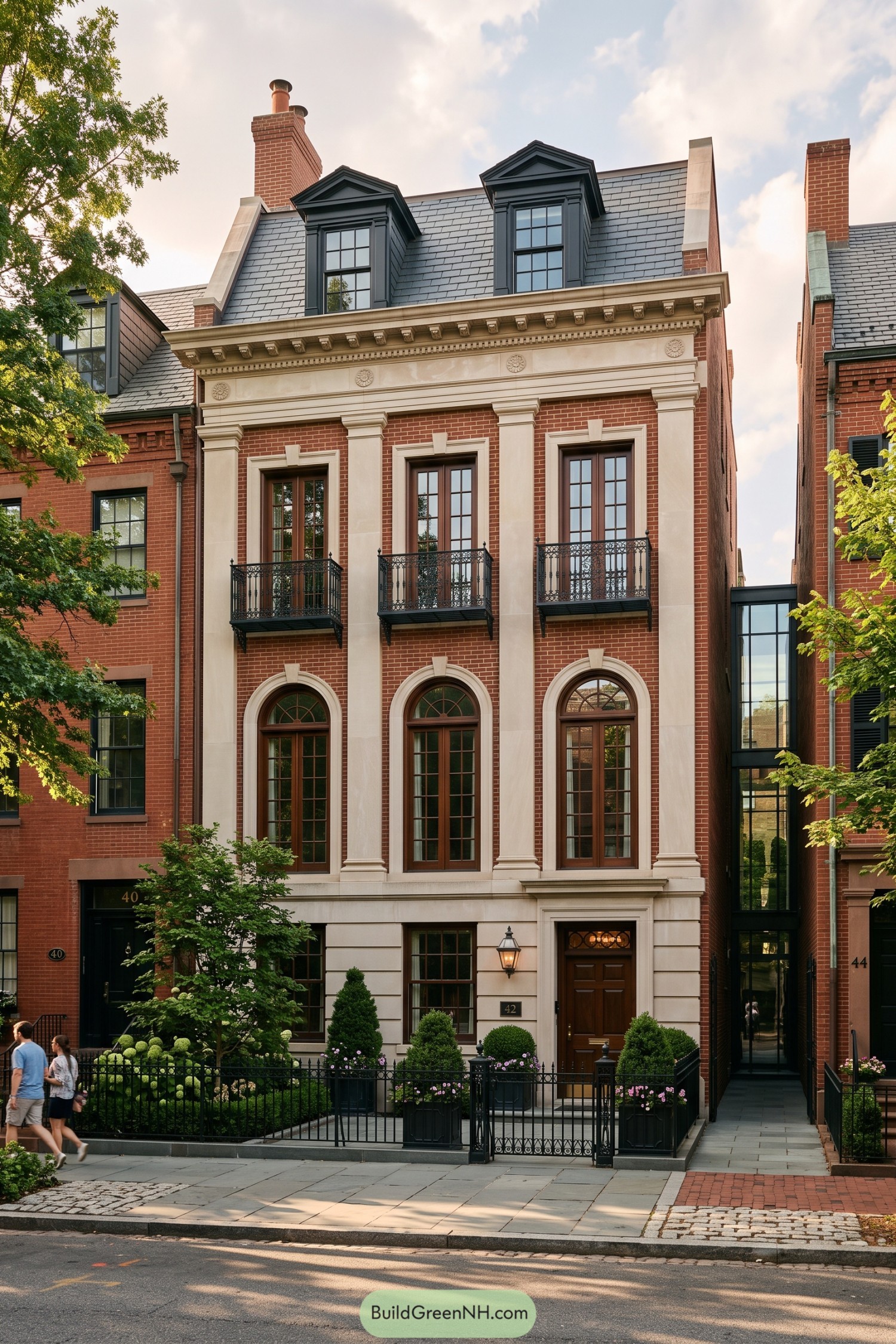 Red brick Federal rowhouse with stone pilasters and iron balconies