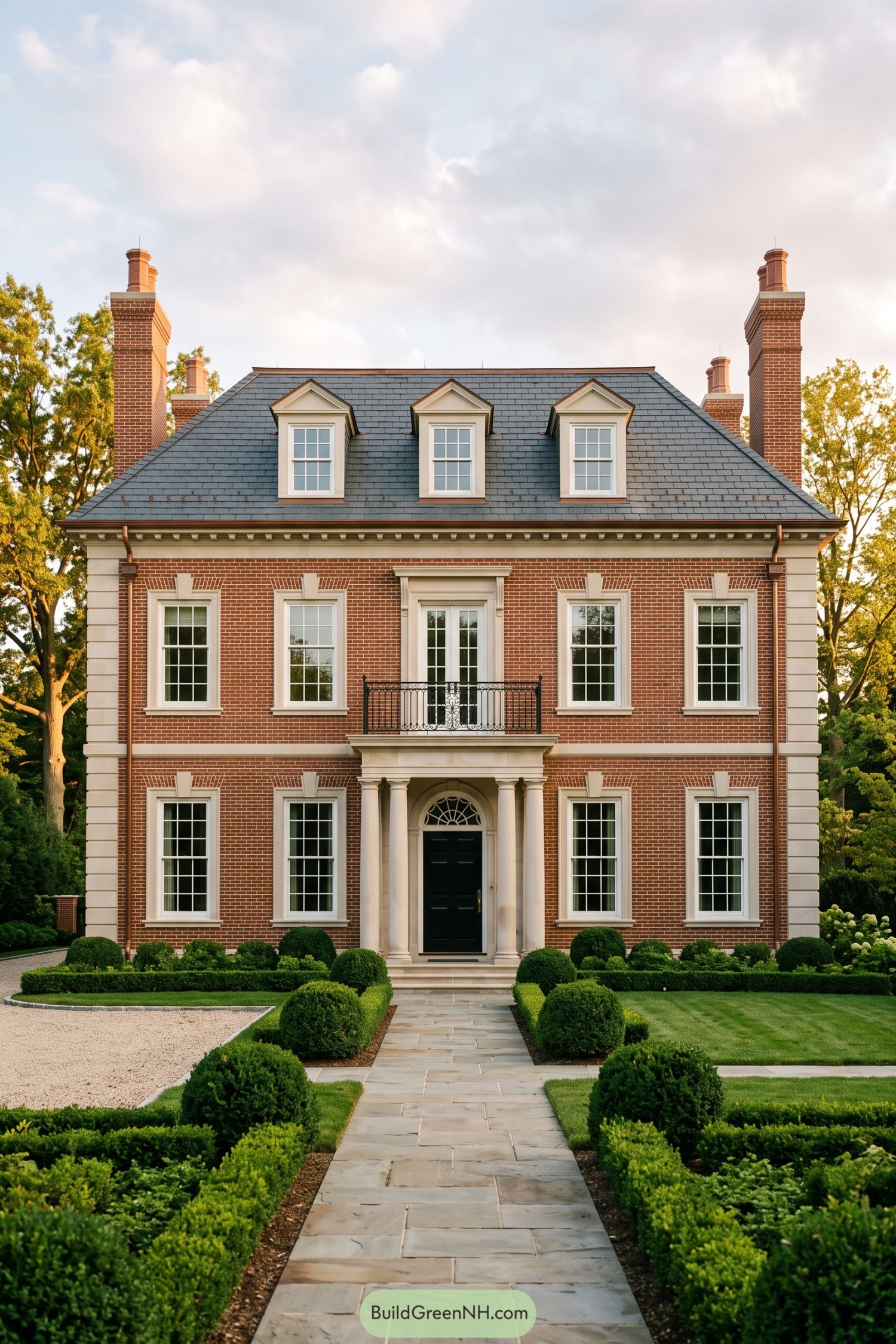 Red brick Federal style home with dormers and columned entry