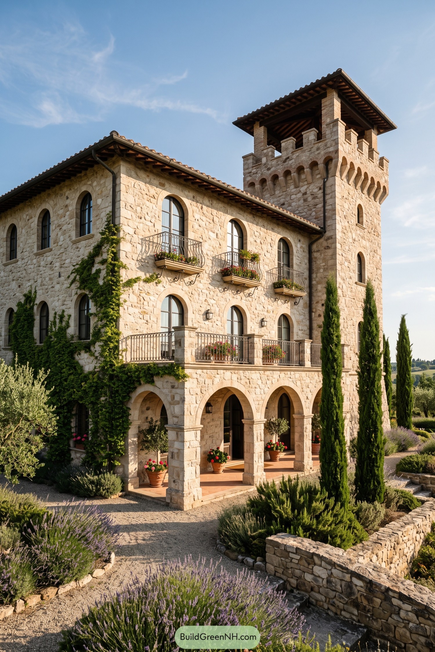 Stone villa with arched loggia and crenellated tower