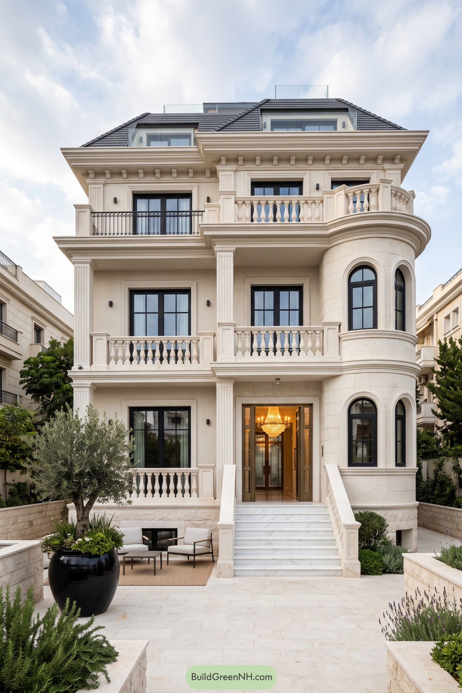 Cream Roman townhouse with a rounded corner tower and balconies