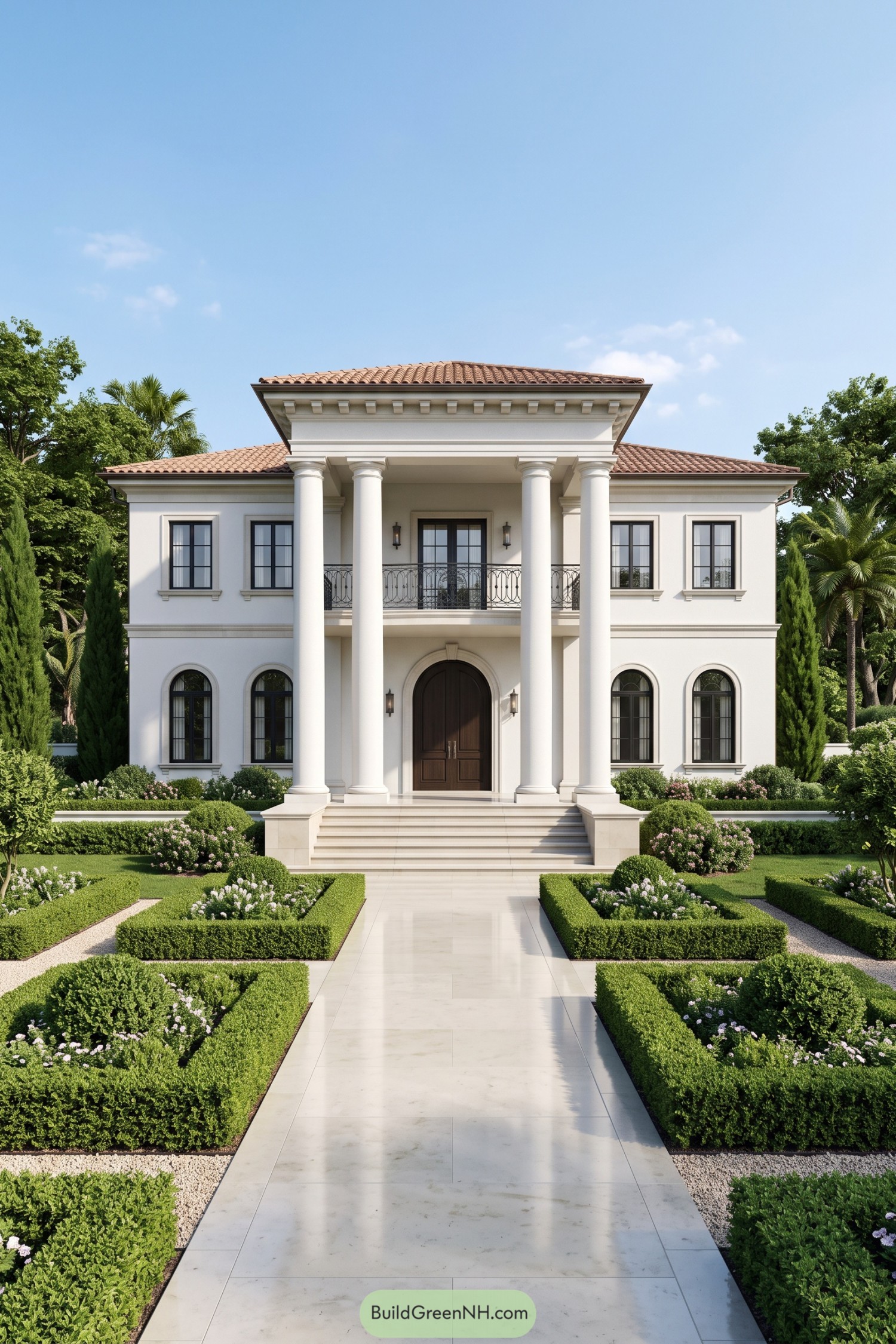 White Roman inspired villa with tall columns and formal gardens