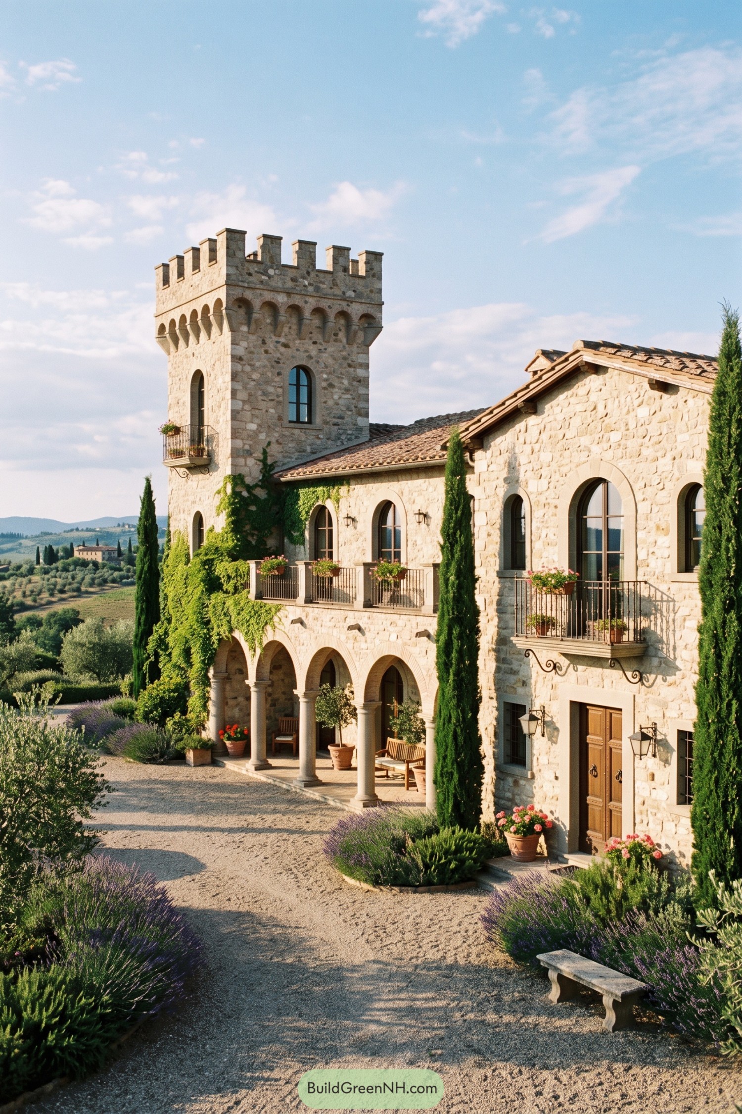 Stone villa with a crenellated tower and arched loggia amid cypress and lavender gardens