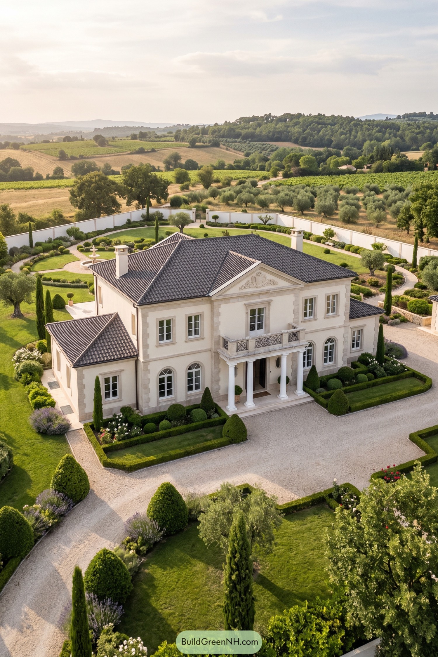 Cream Roman villa with columned entry and formal gardens